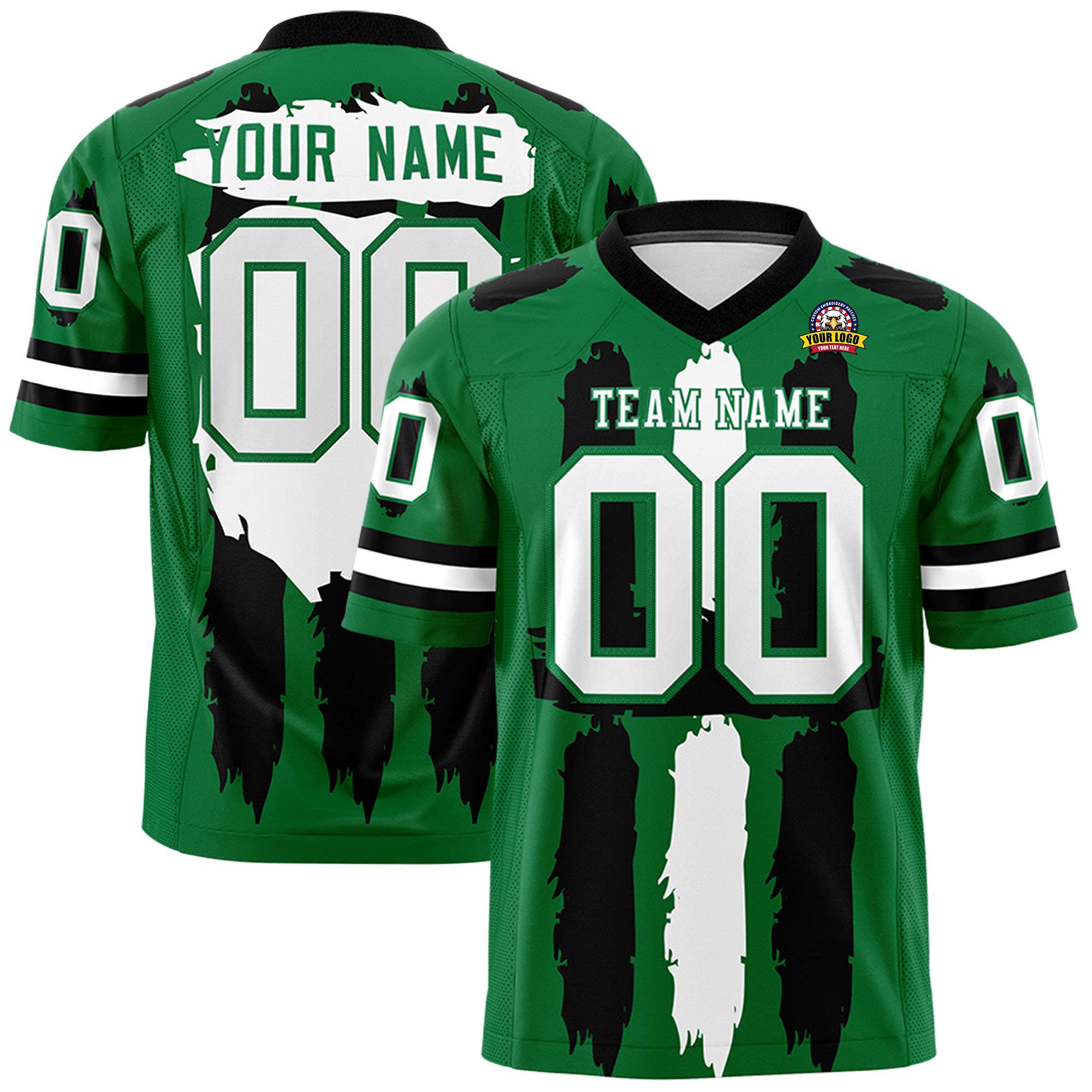 Custom Flag Football Jersey | Kelly Green Black and White Graffiti Pattern Practice 7on7 Uniforms | Add name, number & logo| KXKSHOP