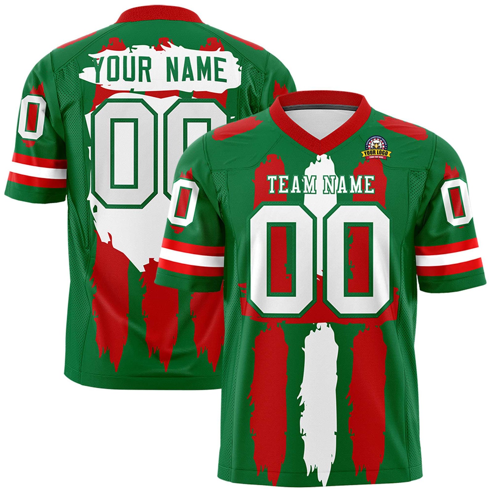 Custom Flag Football Jersey | Kelly Green Red and White Graffiti Pattern Practice 7on7 Uniforms | Add name, number & logo| KXKSHOP