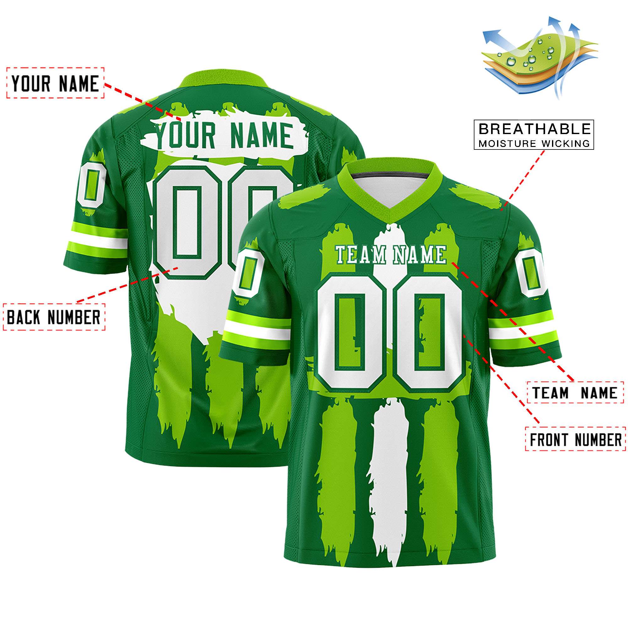Custom Flag Football Jersey | Kelly Green Neon Green and White Graffiti Pattern Practice 7on7 Uniforms | Add name, number & logo| KXKSHOP
