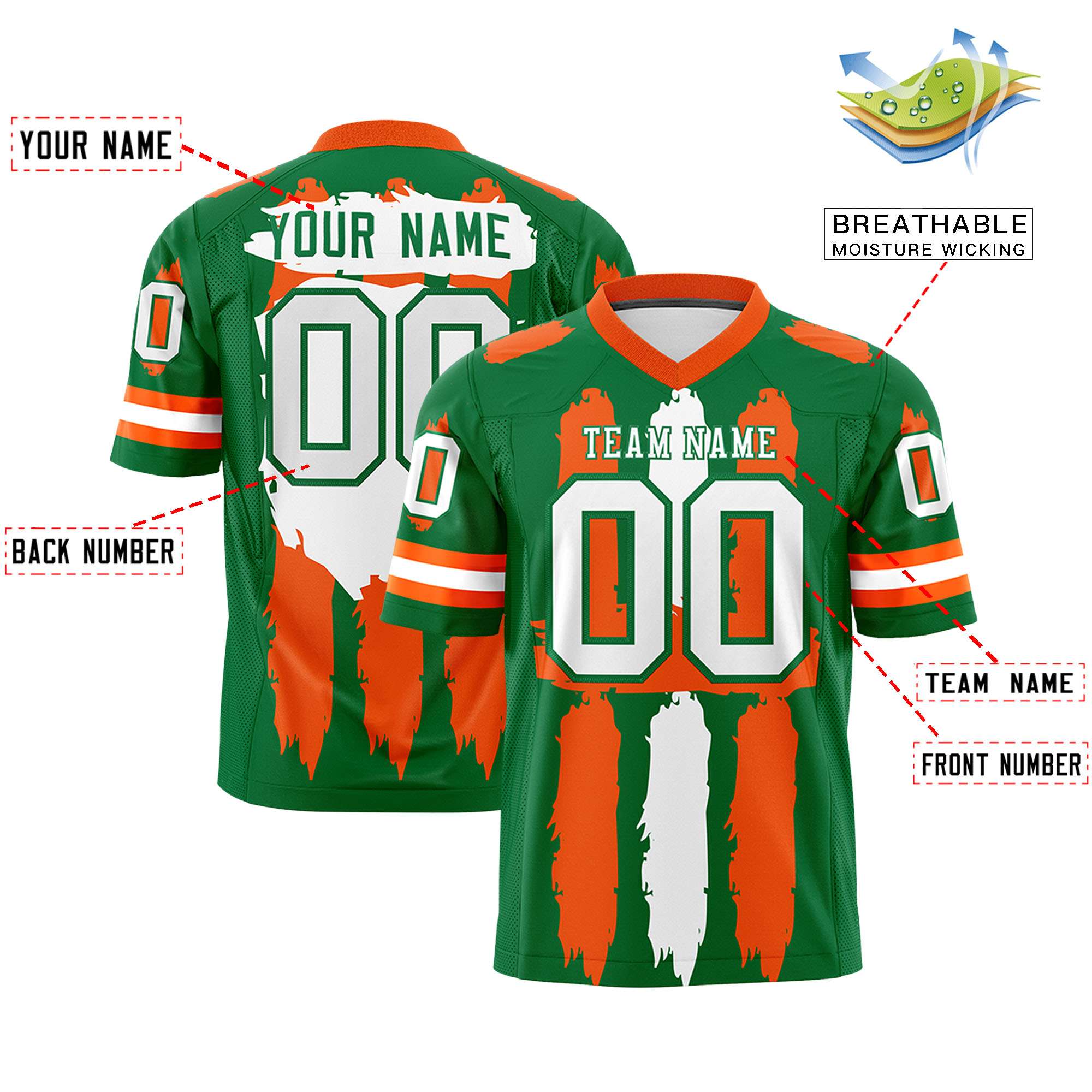 Custom Flag Football Jersey | Kelly Green Orange and White Graffiti Pattern Practice 7on7 Uniforms | Add name, number & logo| KXKSHOP