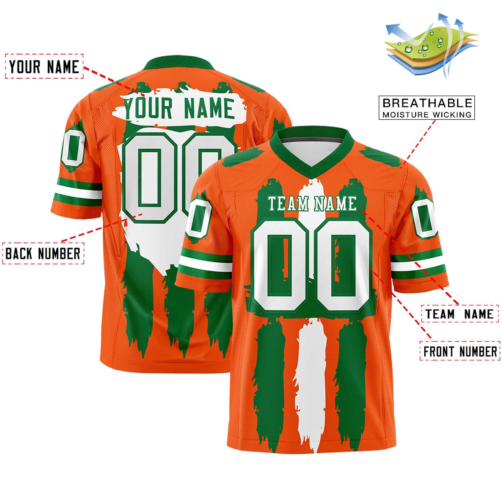 Custom Flag Football Jersey | Orange Kelly Green and White Graffiti Pattern Practice 7on7 Uniforms | Add name, number & logo| KXKSHOP