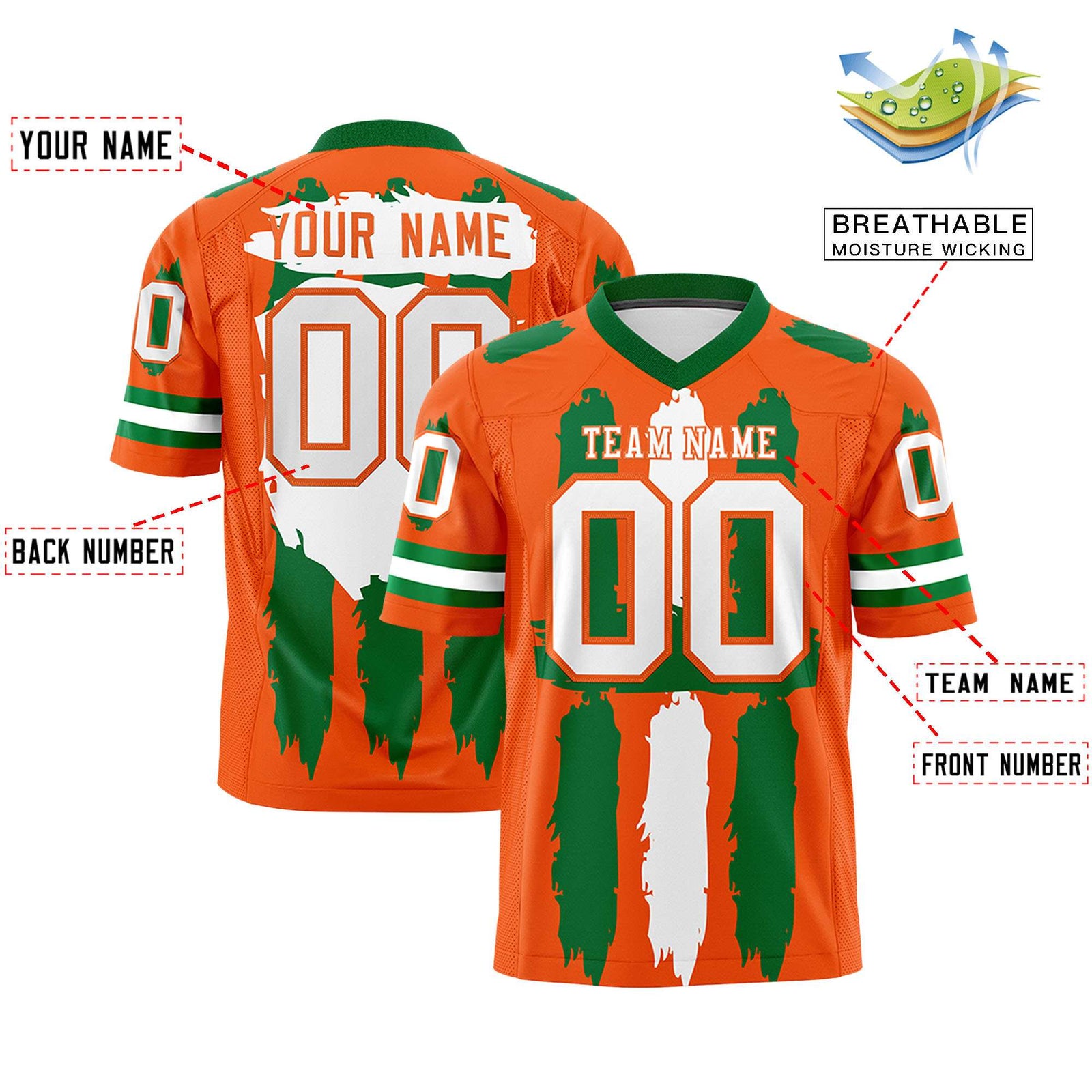 Custom Flag Football Jersey | Orange Kelly Green and White Graffiti Pattern Practice 7on7 Uniforms | Add name, number & logo| KXKSHOP
