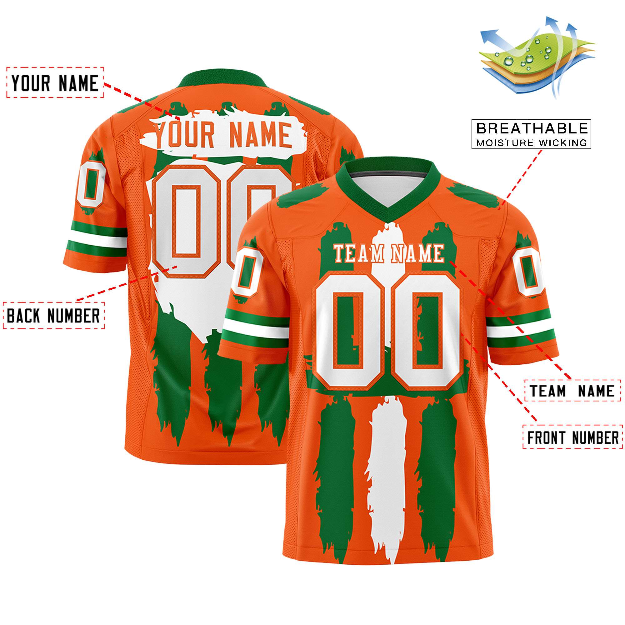 Custom Flag Football Jersey | Orange Kelly Green and White Graffiti Pattern Practice 7on7 Uniforms | Add name, number & logo| KXKSHOP