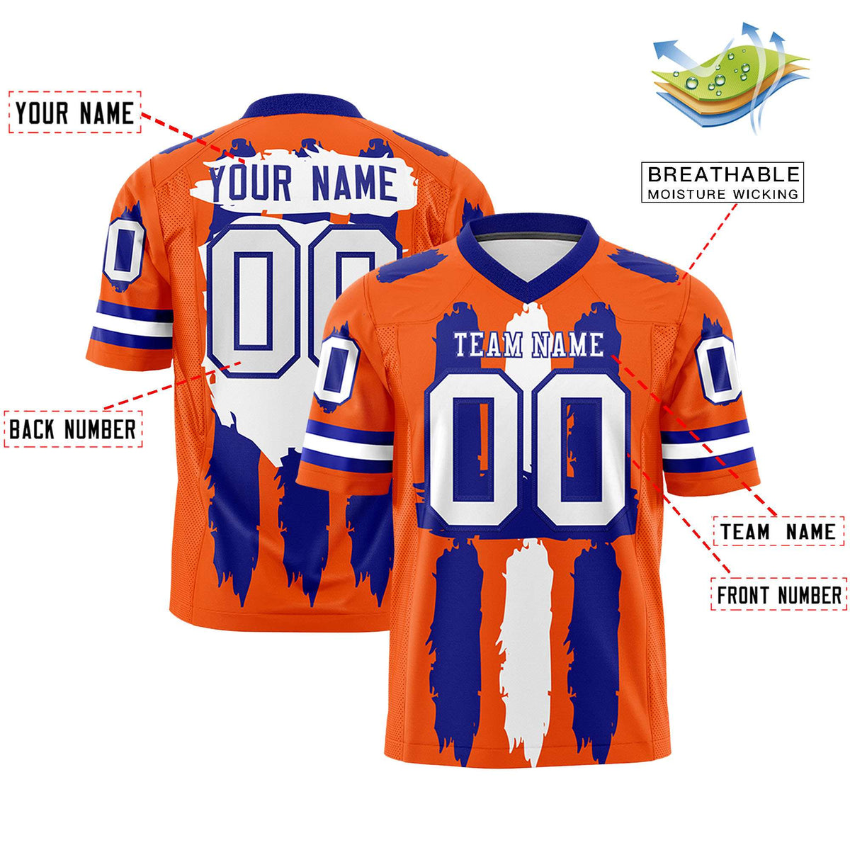 Custom Flag Football Jersey | Orange Royal and White Graffiti Pattern Practice 7on7 Uniforms | Add name, number &amp; logo| KXKSHOP