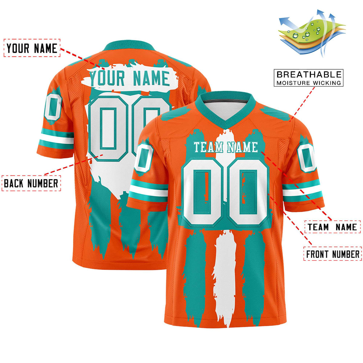 Custom Flag Football Jersey | Orange Aqua and White Graffiti Pattern Practice 7on7 Uniforms | Add name, number &amp; logo| KXKSHOP