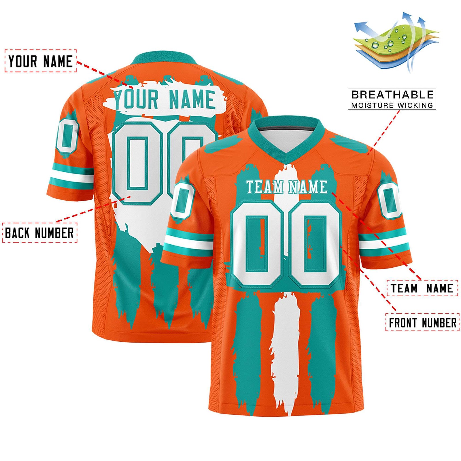 Custom Flag Football Jersey | Orange Aqua and White Graffiti Pattern Practice 7on7 Uniforms | Add name, number & logo| KXKSHOP