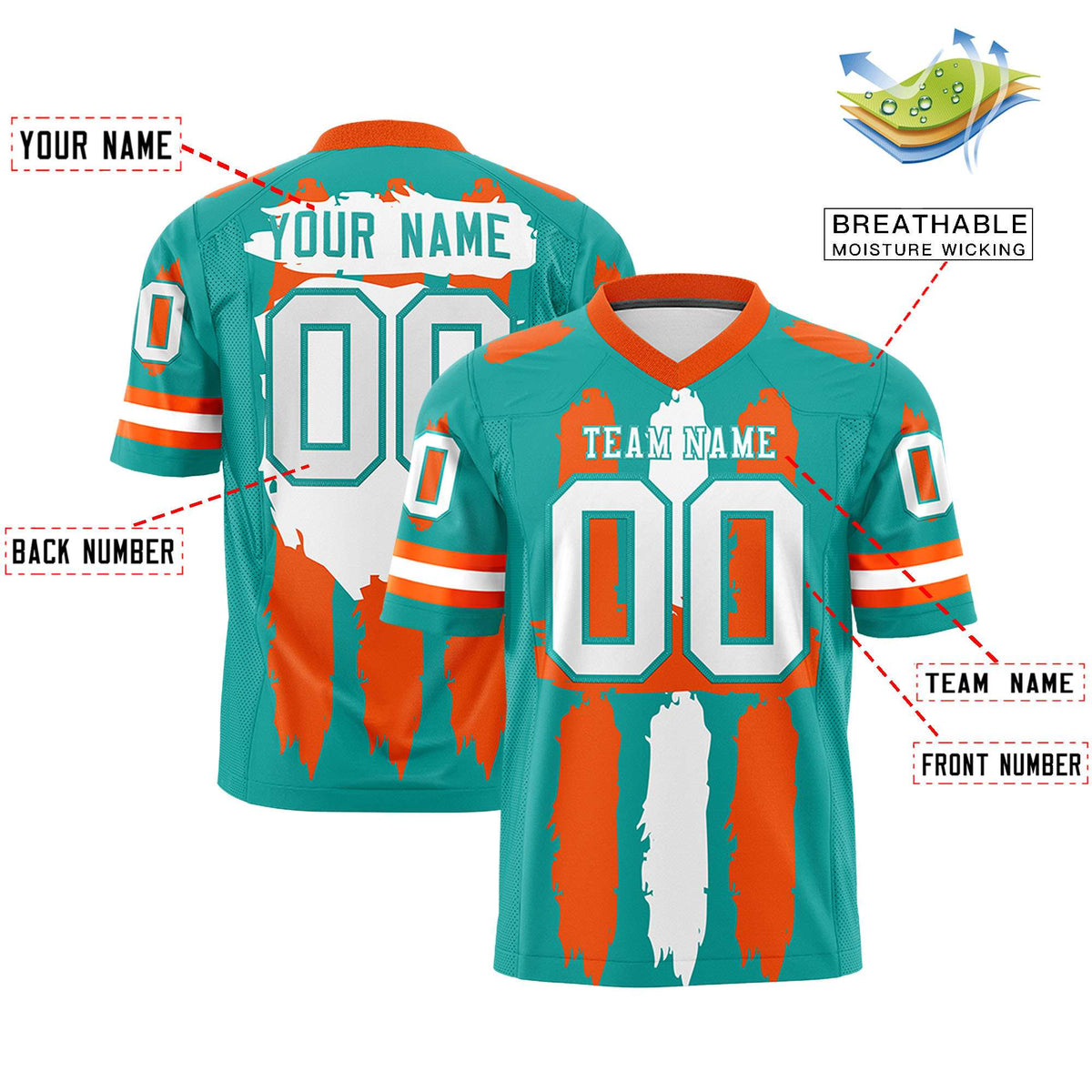 Custom Flag Football Jersey | Aqua Orange and White Graffiti Pattern Practice 7on7 Uniforms | Add name, number &amp; logo| KXKSHOP