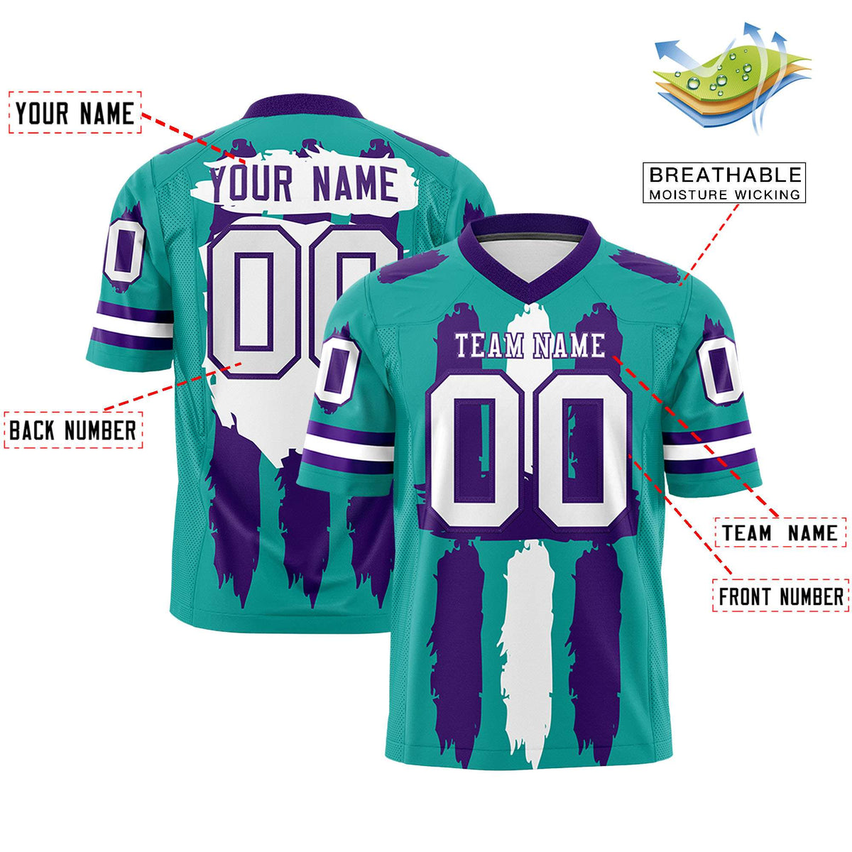 Custom Flag Football Jersey | Aqua Purple and White Graffiti Pattern Practice 7on7 Uniforms | Add name, number &amp; logo| KXKSHOP