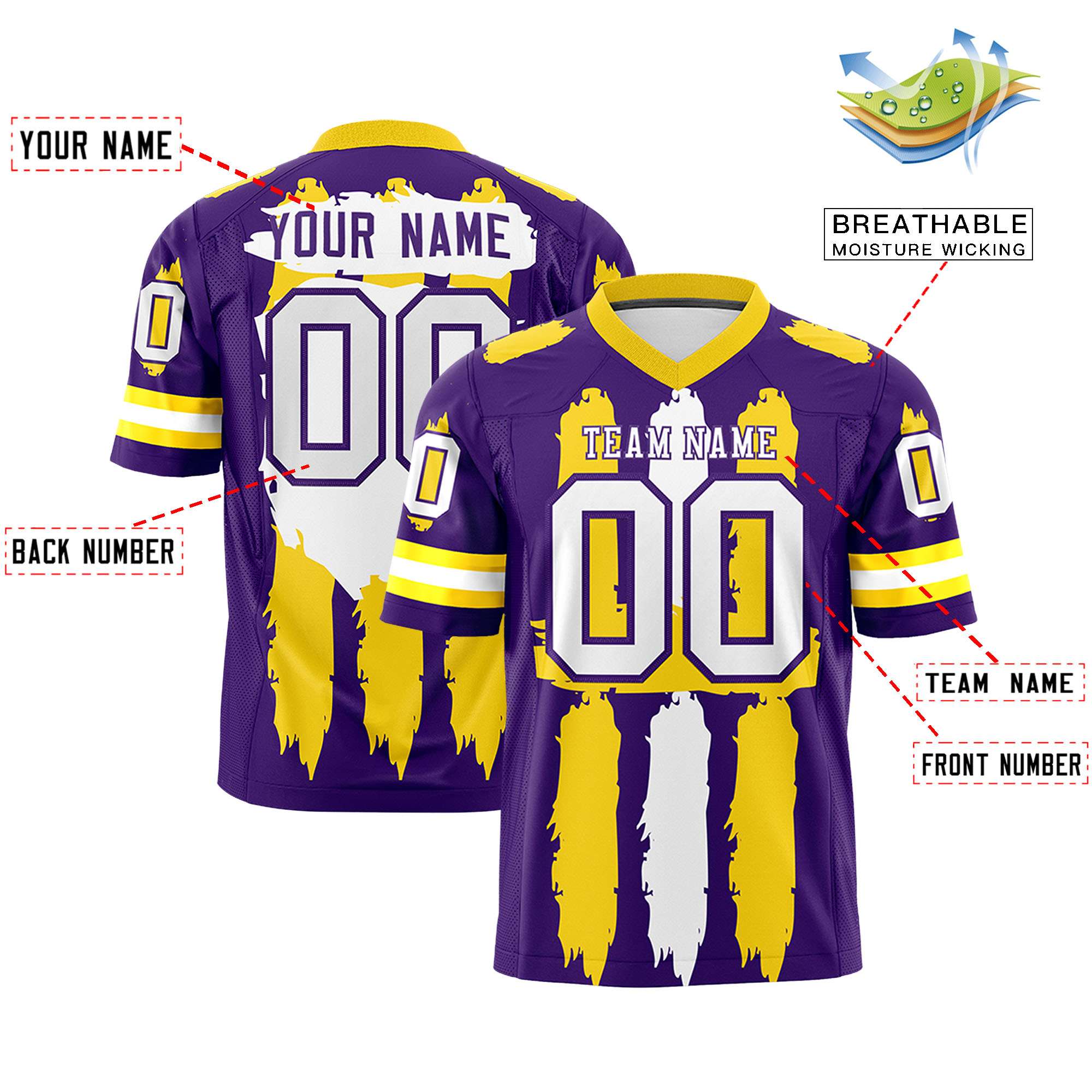 Custom Flag Football Jersey | Purple Gold and White Graffiti Pattern Practice 7on7 Uniforms | Add name, number & logo| KXKSHOP