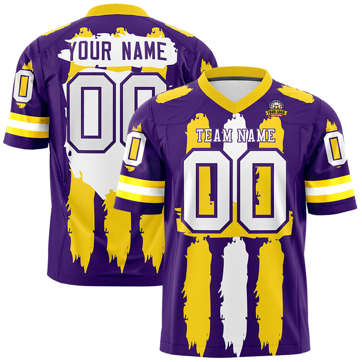 Custom Flag Football Jersey | Purple Gold and White Graffiti Pattern Practice 7on7 Uniforms | Add name, number &amp; logo| KXKSHOP