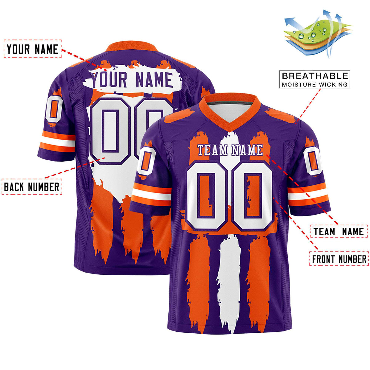 Custom Flag Football Jersey | Purple Orange and White Graffiti Pattern Practice 7on7 Uniforms | Add name, number &amp; logo| KXKSHOP