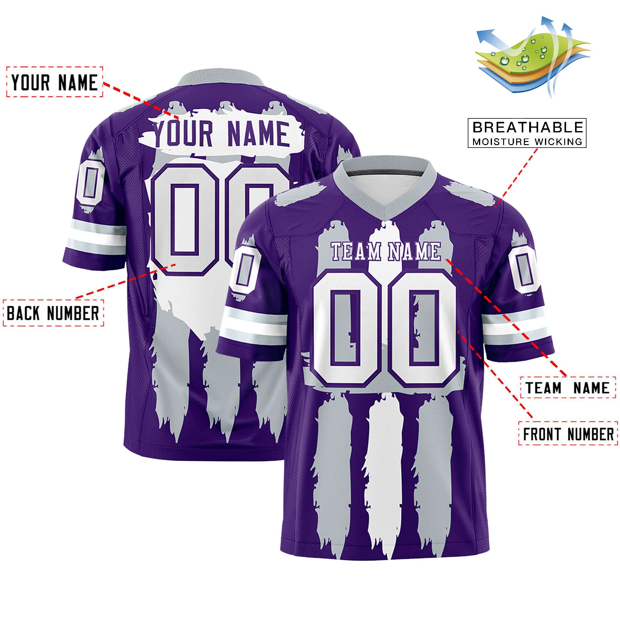 Custom Purple Silver and White Graffiti Pattern Practice Football Jerseys