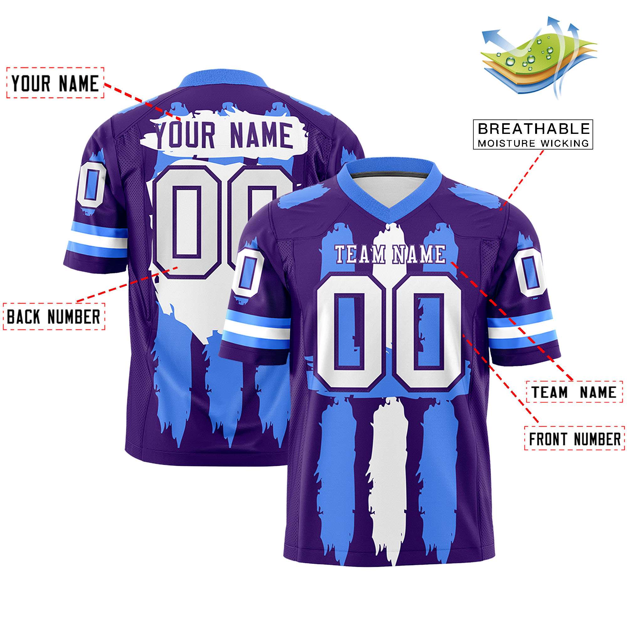 Custom Flag Football Jersey | Purple Powder Blue and White Graffiti Pattern Practice 7on7 Uniforms | Add name, number & logo| KXKSHOP
