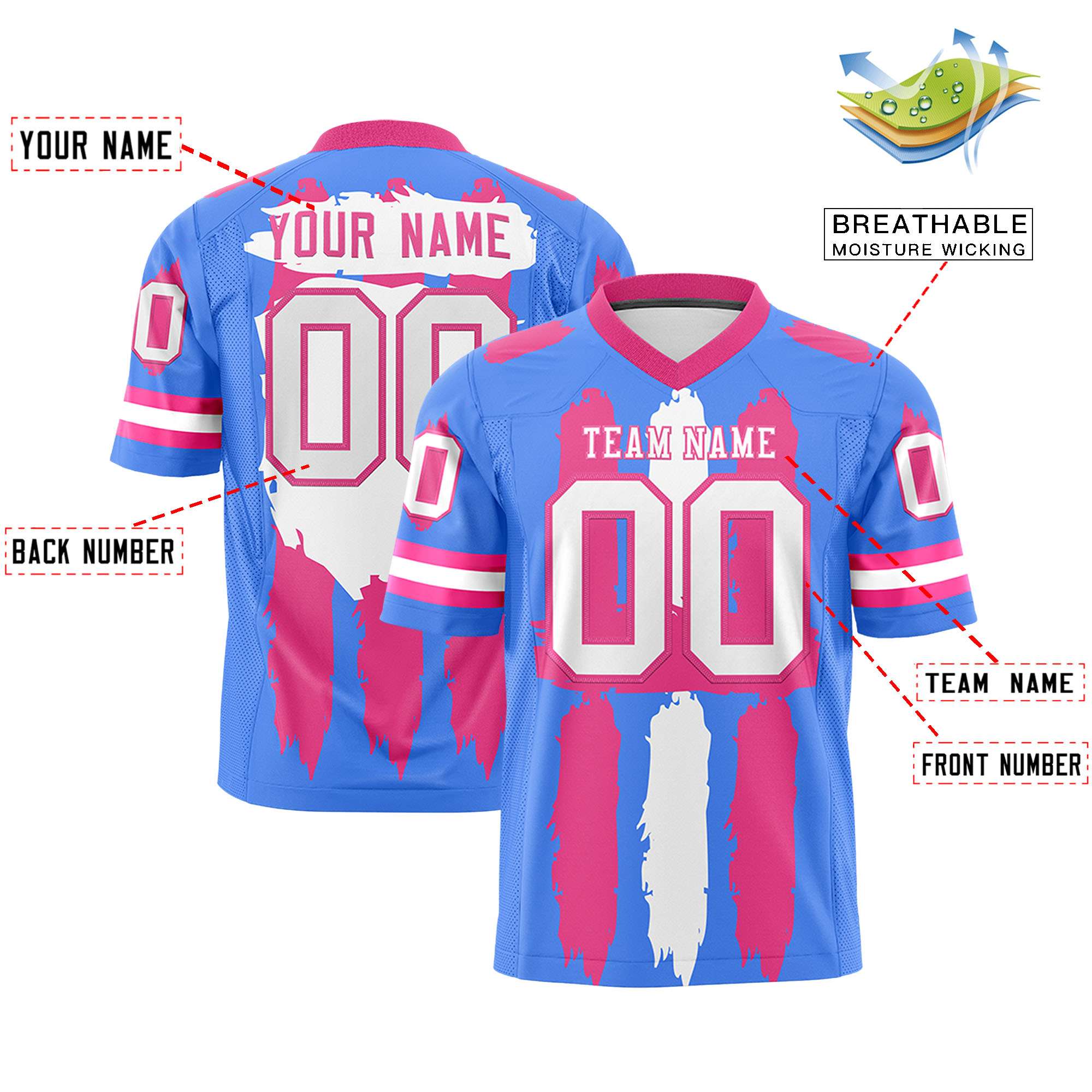 Custom Flag Football Jersey | Powder Blue Pink and White Graffiti Pattern Practice 7on7 Uniforms | Add name, number & logo| KXKSHOP