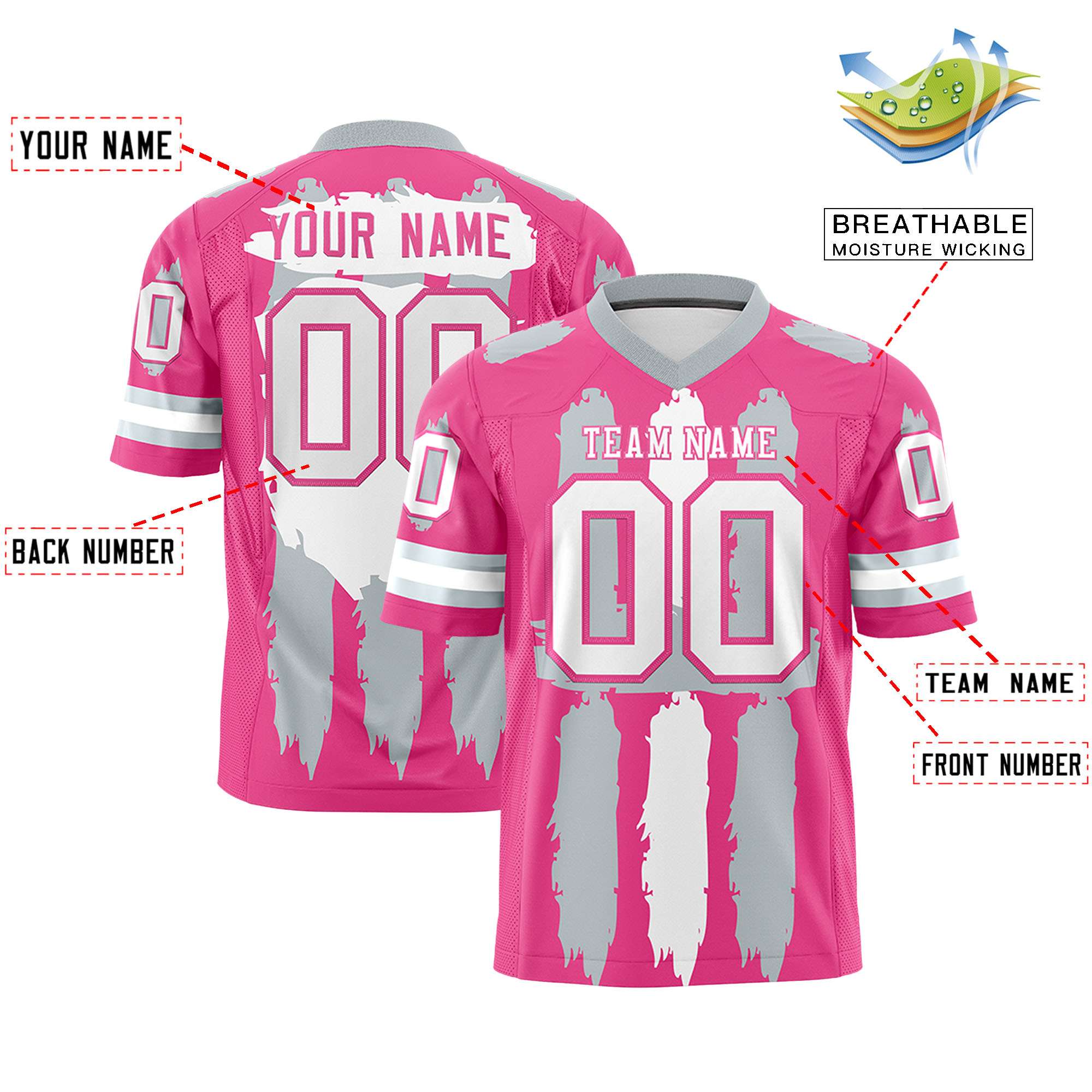 Custom Pink Silver and White Graffiti Pattern Practice Football Jerseys