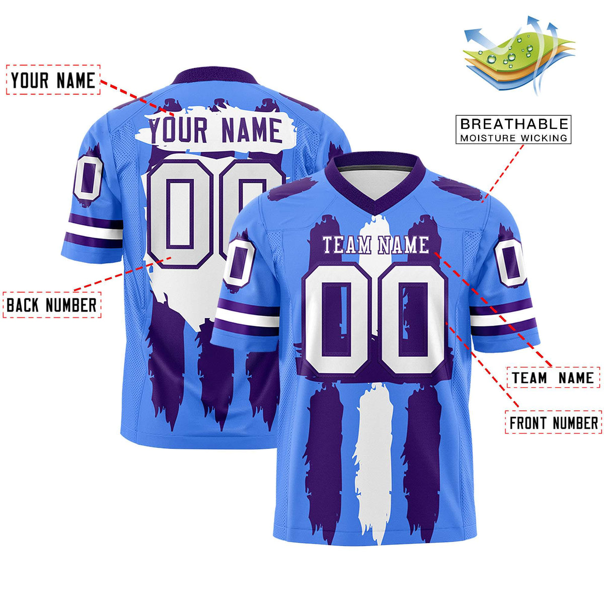 Custom Flag Football Jersey | Powder Blue Purple and White Graffiti Pattern Practice 7on7 Uniforms | Add name, number &amp; logo| KXKSHOP