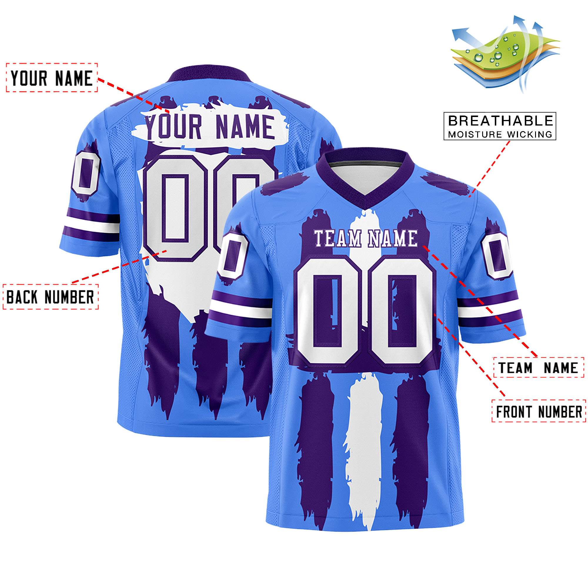 Custom Flag Football Jersey | Powder Blue Purple and White Graffiti Pattern Practice 7on7 Uniforms | Add name, number & logo| KXKSHOP