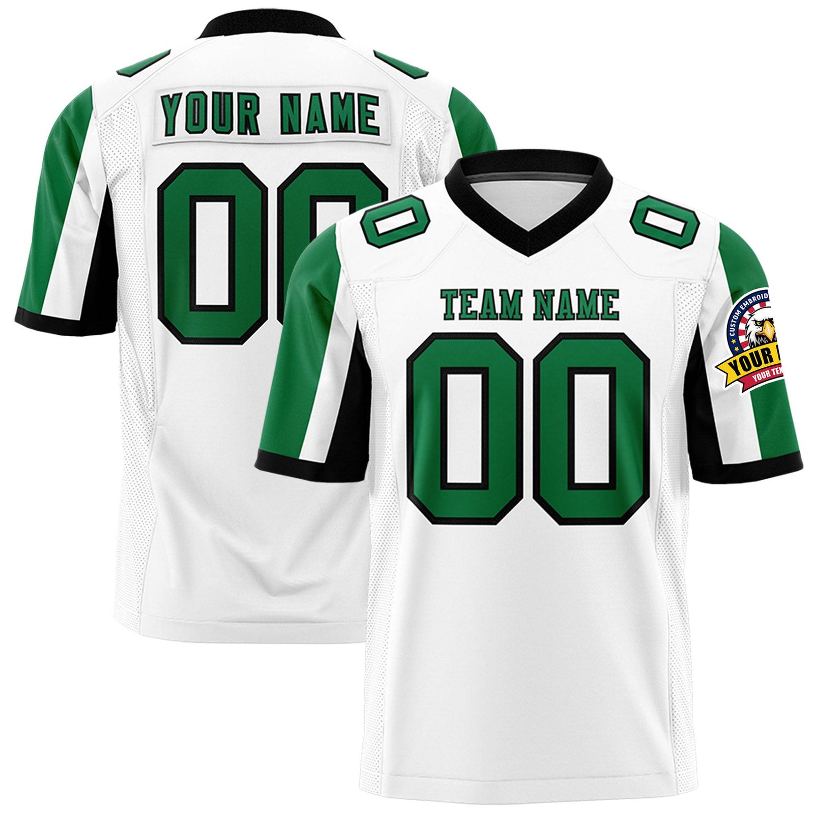 Custom White Kelly Green-Black Color Block Personalized Raglan Sleeves Authentic Football Jersey
