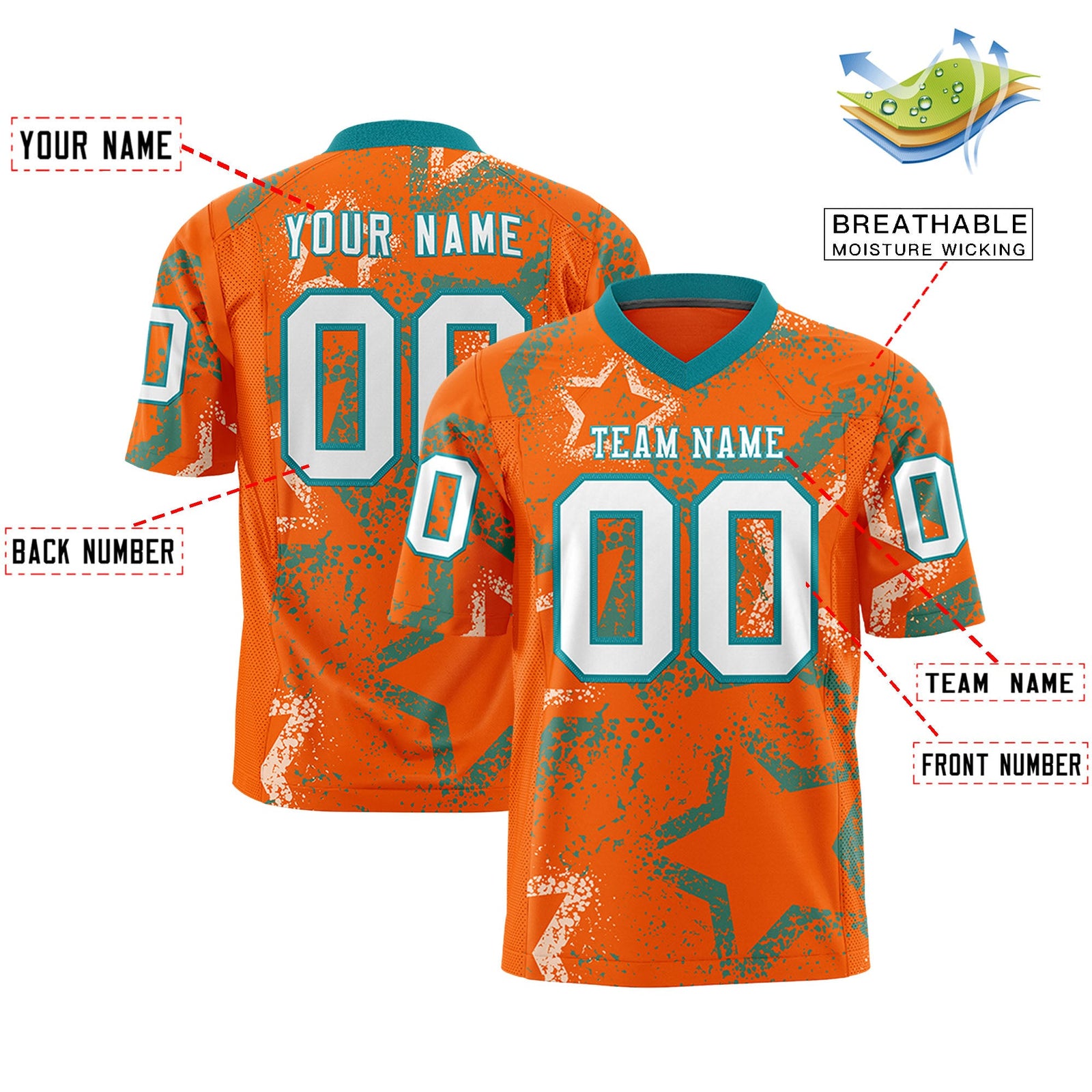 Custom Orange Aqua-White Personalized Star Graffiti Pattern Authentic Football Jersey