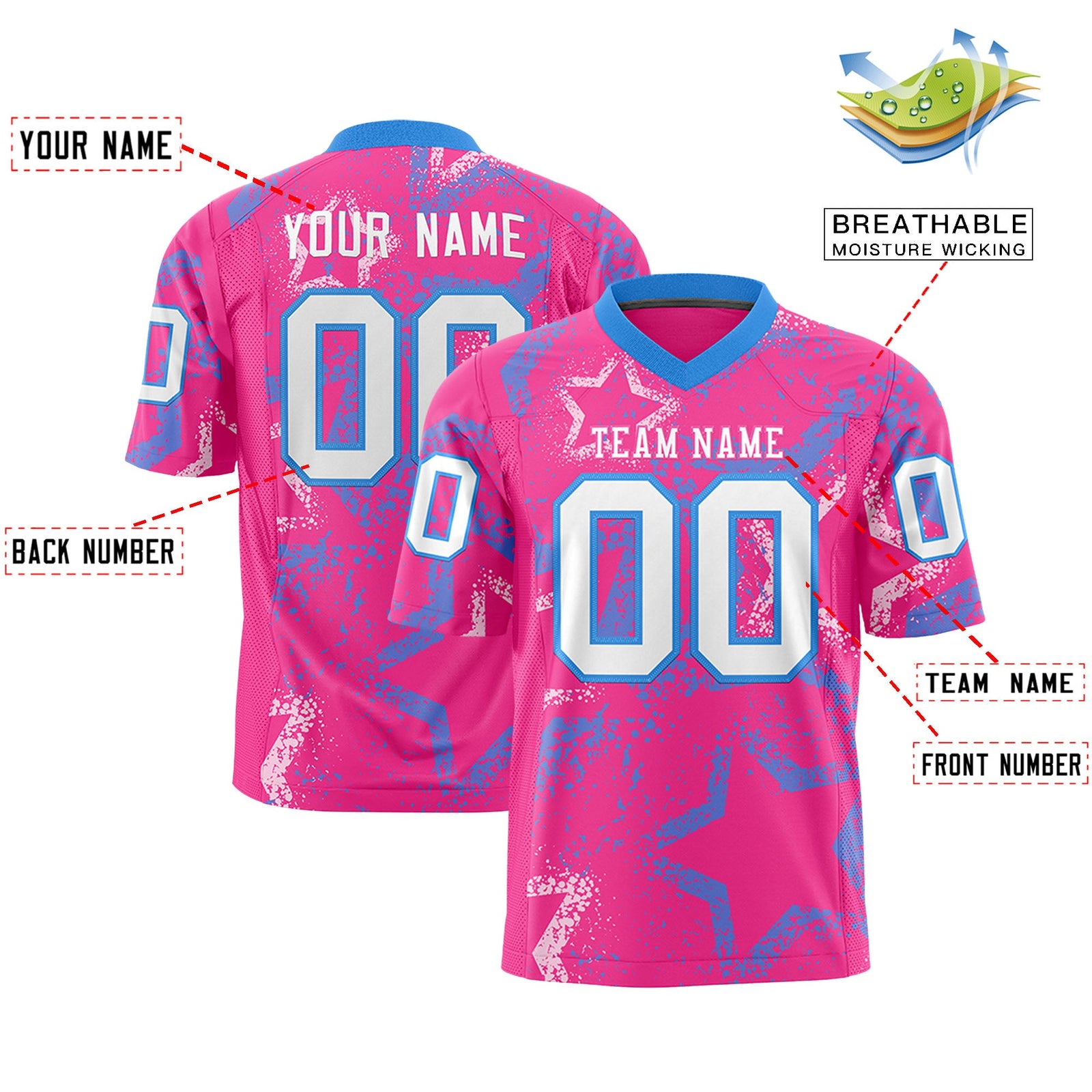Custom Pink Powder Blue-White Personalized Star Graffiti Pattern Authentic Football Jersey
