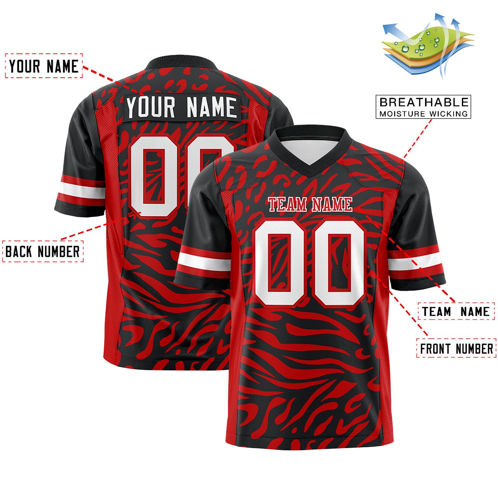Custom Black White-Red Personalized Zebra Stripes Pattern Authentic Football Jersey