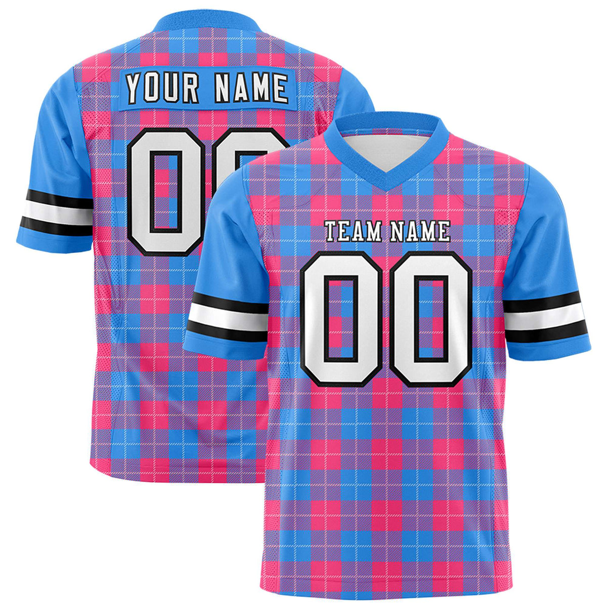 Custom Powder Blue Pink Personalized Plaid Pattern Design Authentic Football Jersey