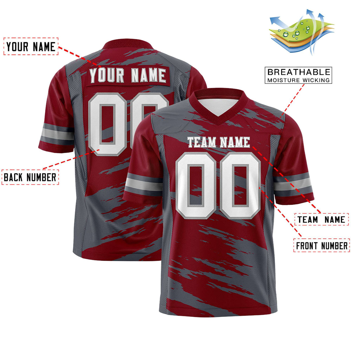 Custom Crimson Dark Gray Personalized Scratch Pattern Design Authentic Football Jersey