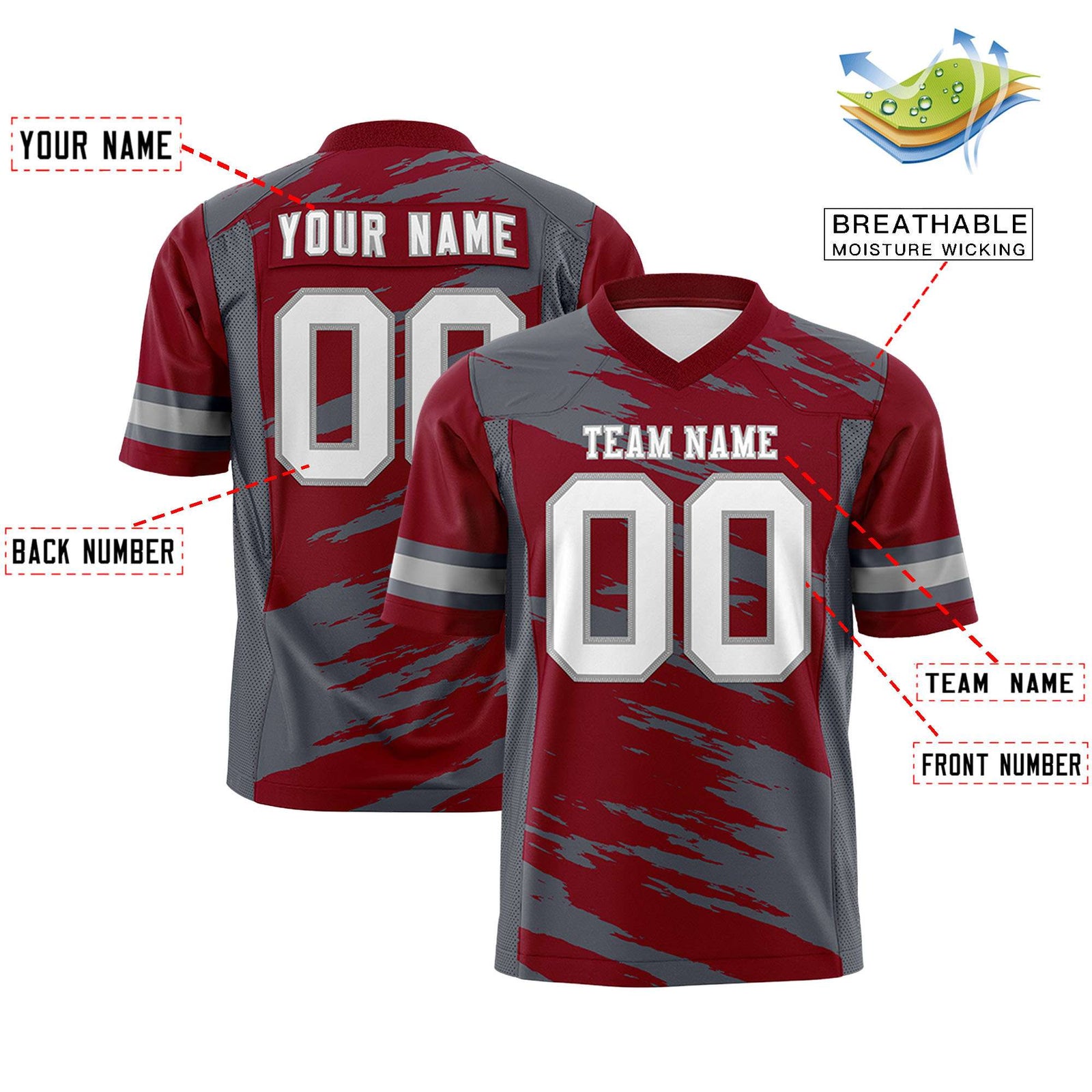 Custom Crimson Dark Gray Personalized Scratch Pattern Design Authentic Football Jersey
