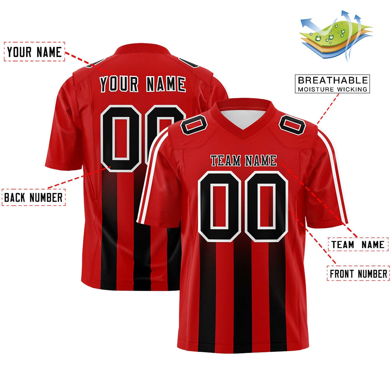 Custom Red Black Vertical Fine Stripe Gradient Fashion Personalized Team Football Jersey