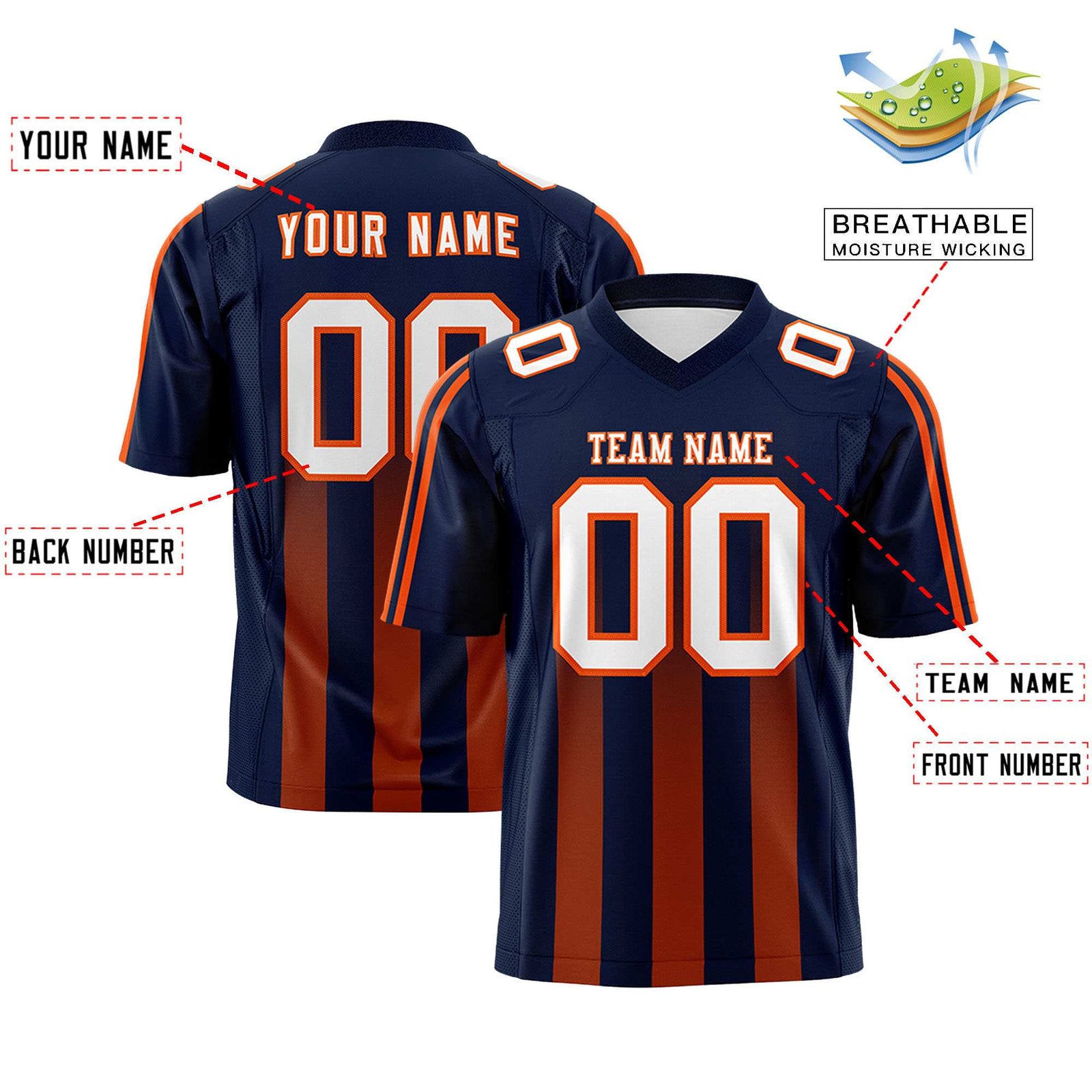 Custom Navy Orange Vertical Fine Stripe Gradient Fashion Personalized Team Football Jersey