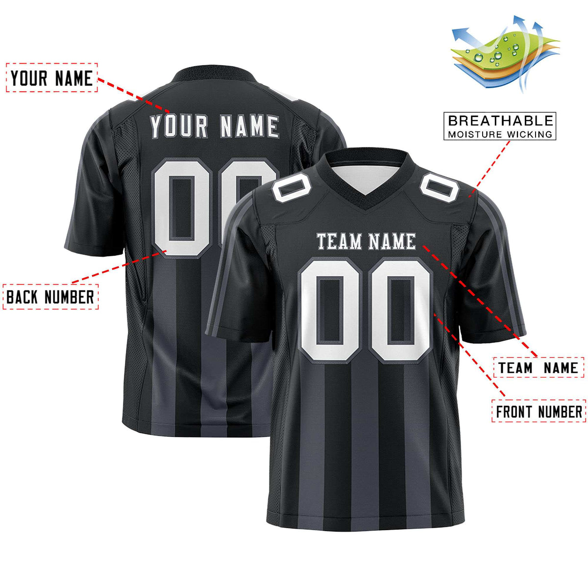 Custom Black Dark Gray Vertical Fine Stripe Gradient Fashion Personalized Team Football Jersey