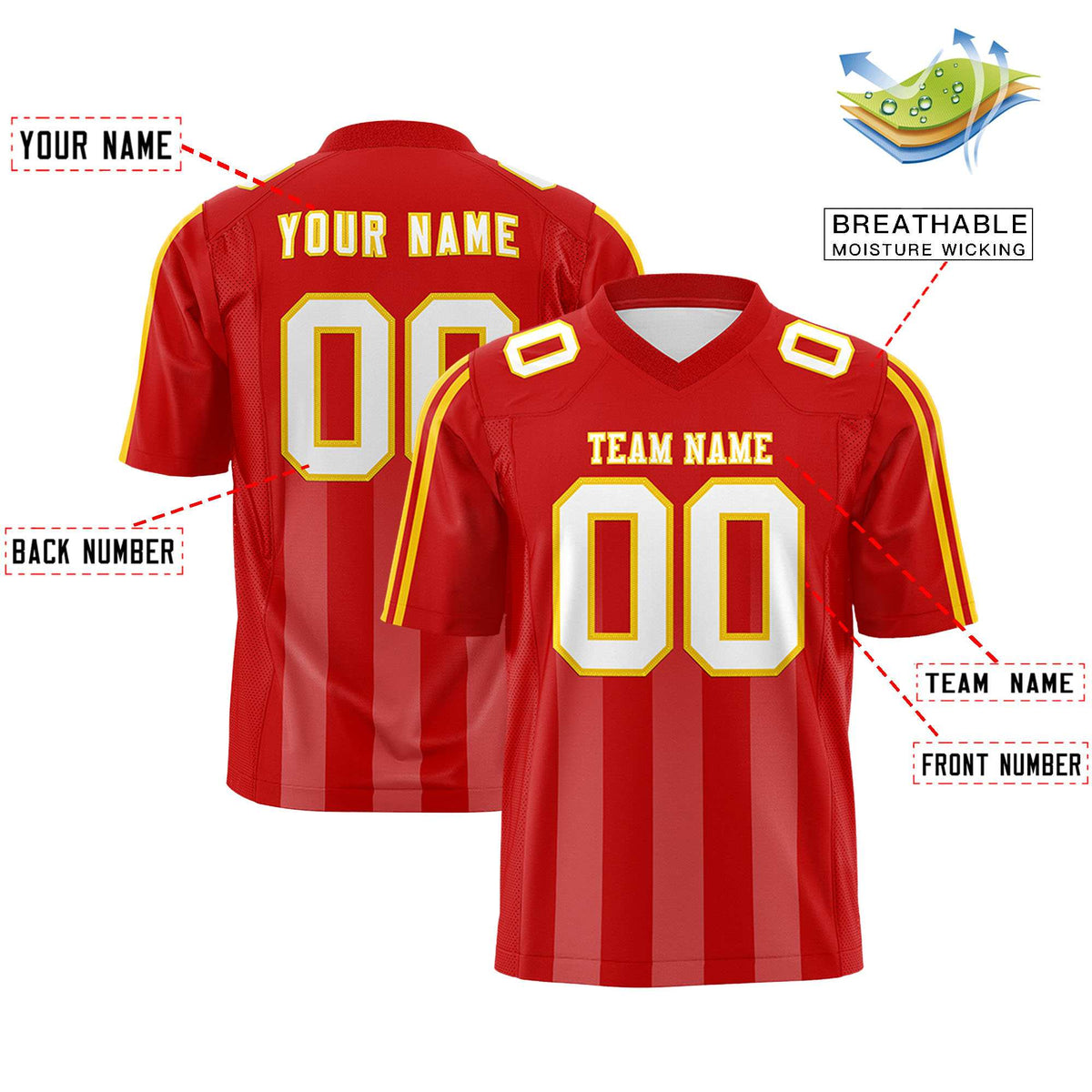 Custom Red Light Red Vertical Fine Stripe Gradient Fashion Personalized Team Football Jersey