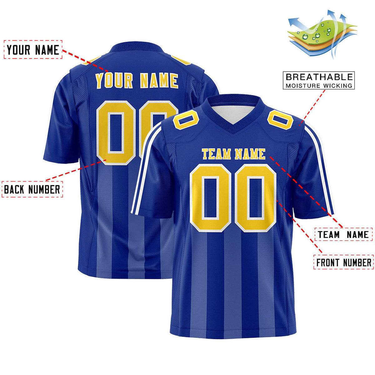 Custom Royal White Vertical Fine Stripe Gradient Fashion Personalized Team Football Jersey