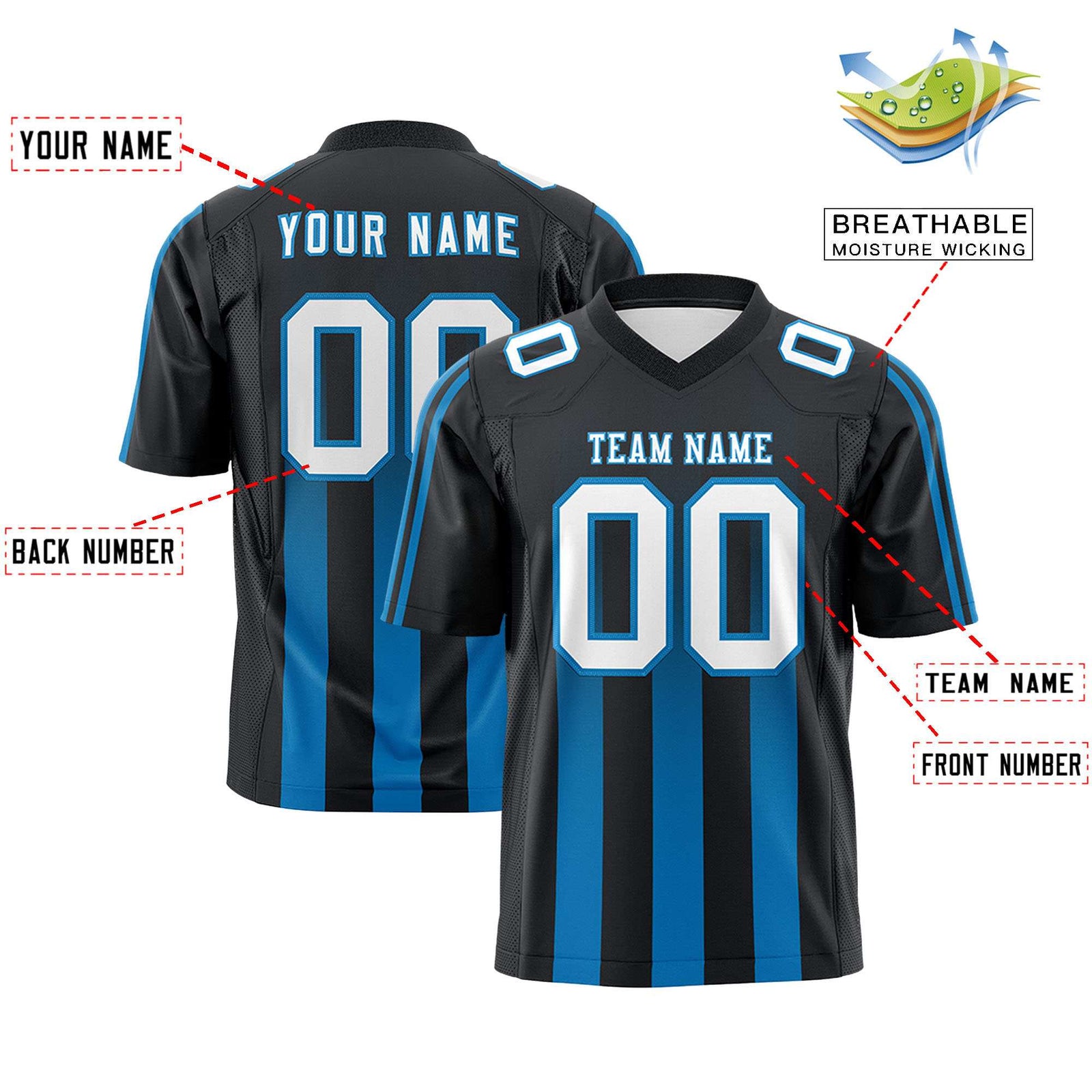 Custom Black Light Blue Vertical Fine Stripe Gradient Fashion Personalized Team Football Jersey