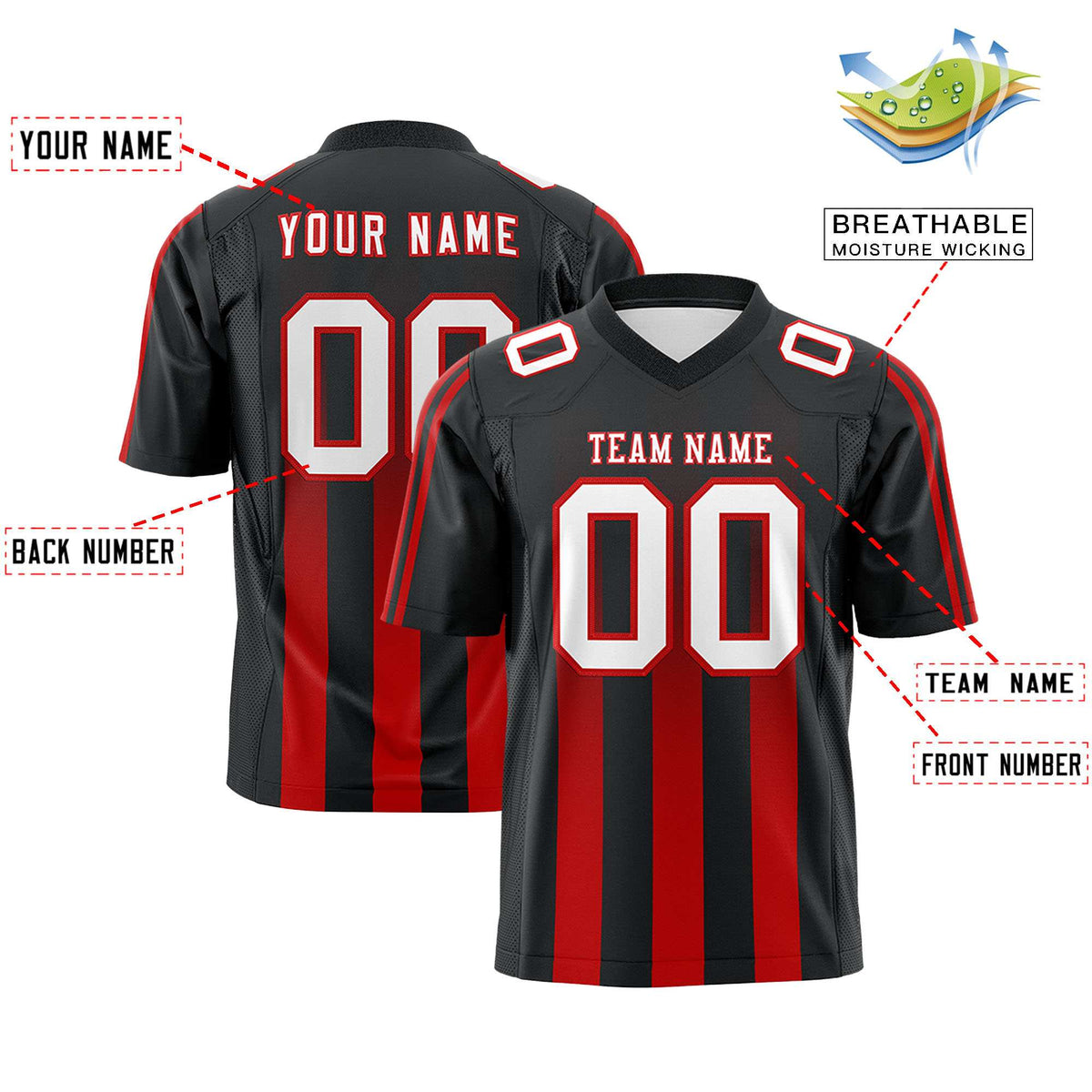 Custom Black Red Vertical Fine Stripe Gradient Fashion Personalized Team Football Jersey