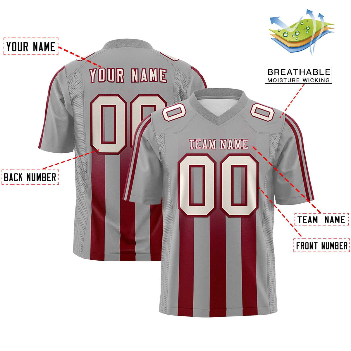 Custom Gray Cardinal Vertical Fine Stripe Gradient Fashion Personalized Team Football Jersey