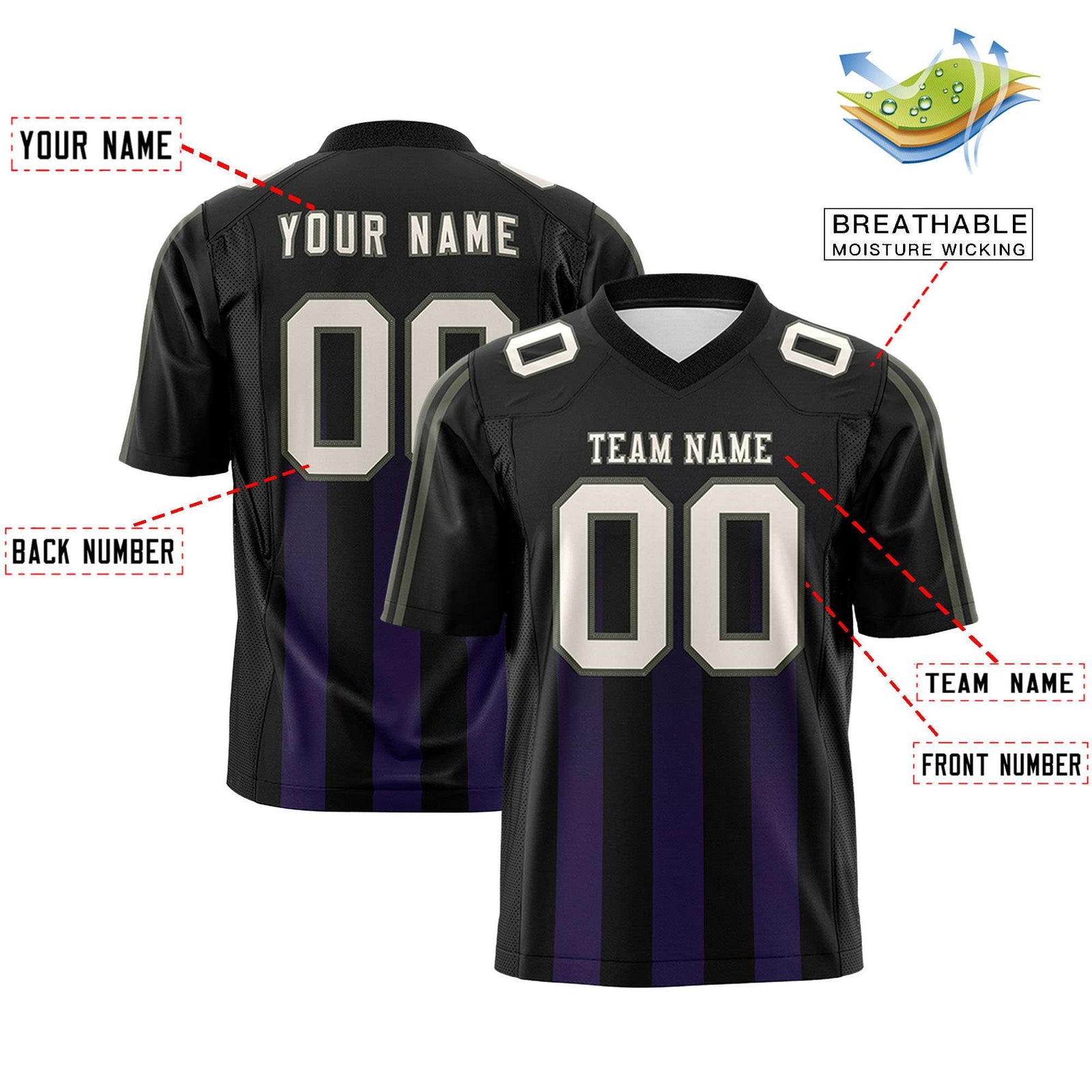 Custom Black Purple Vertical Fine Stripe Gradient Fashion Personalized Team Football Jersey