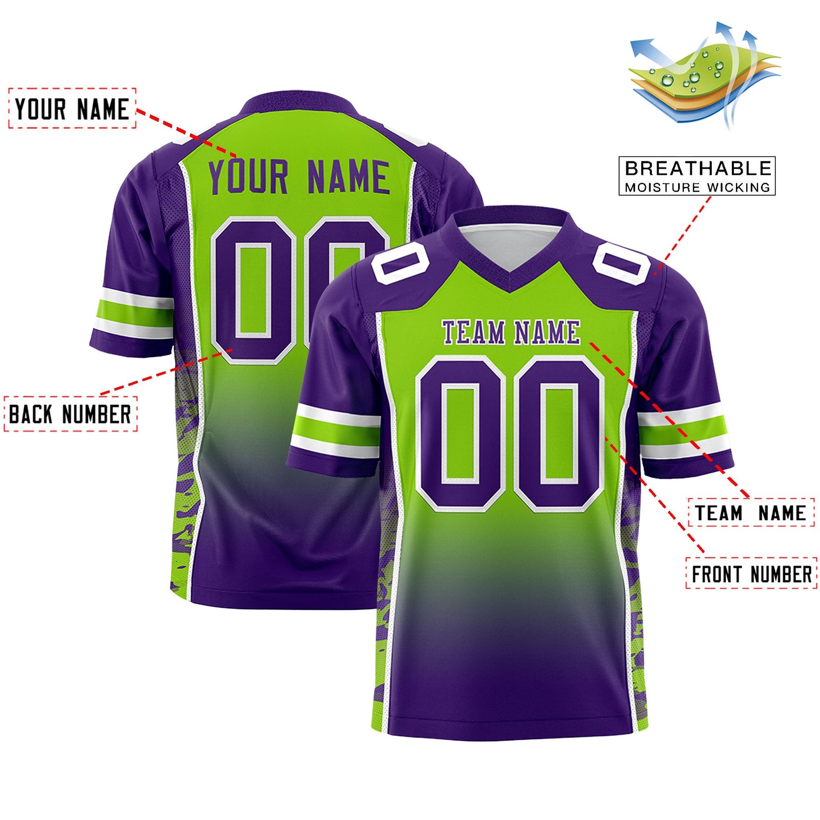 Custom Neon Green Purple Gradient Personalized Side Pattern Authentic Football Jersey