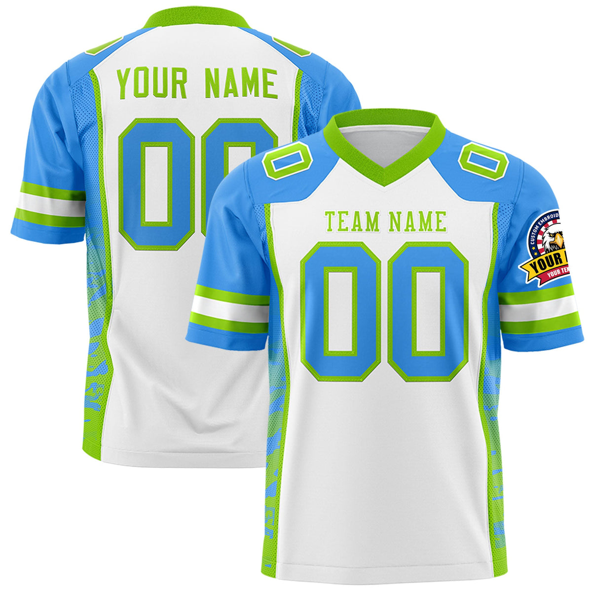 Custom White Powder Blue-Neon Green Raglan Sleeves Personalized Side Pattern Authentic Football Jersey