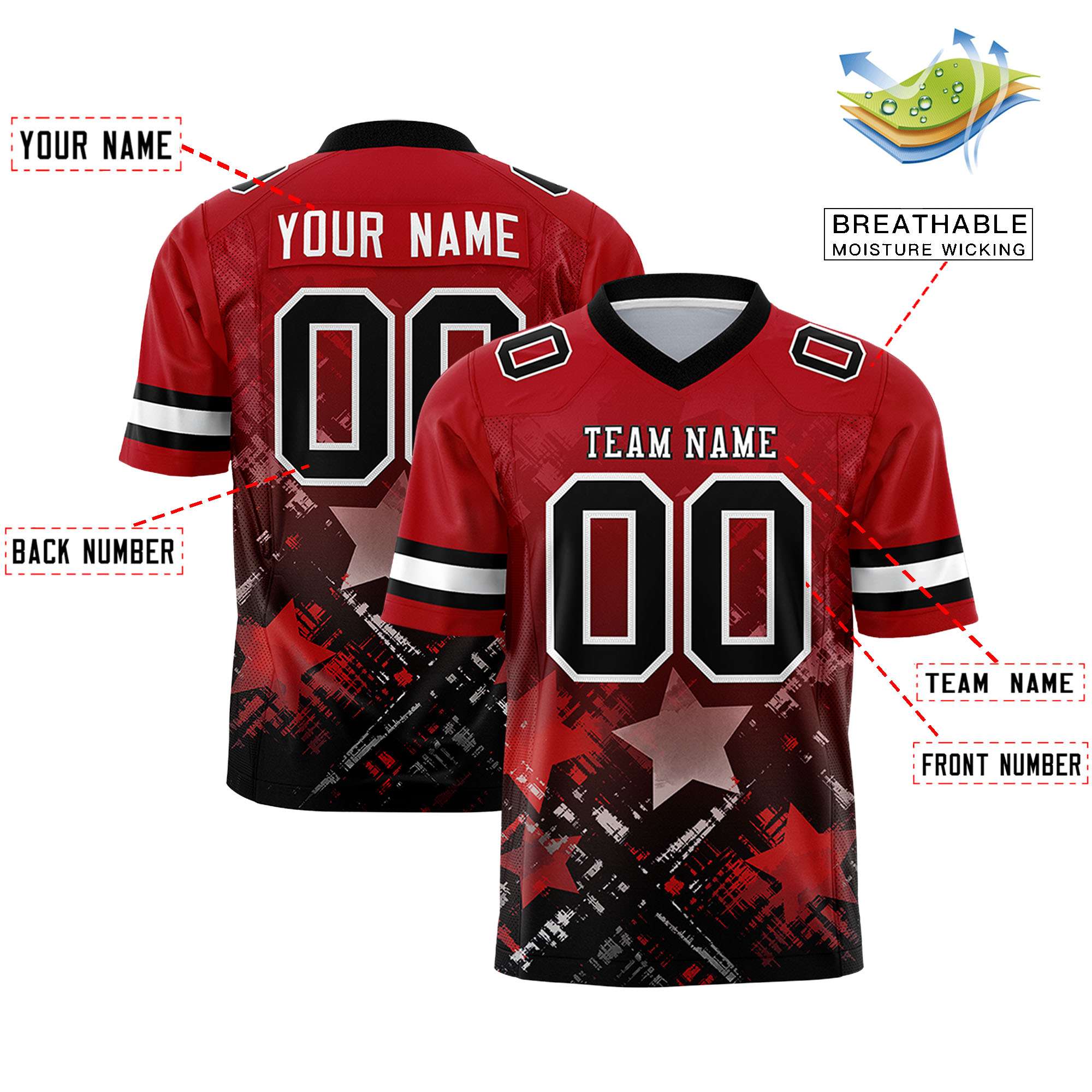 Custom Red Black Personalized Star Gradient Authentic Football Jersey