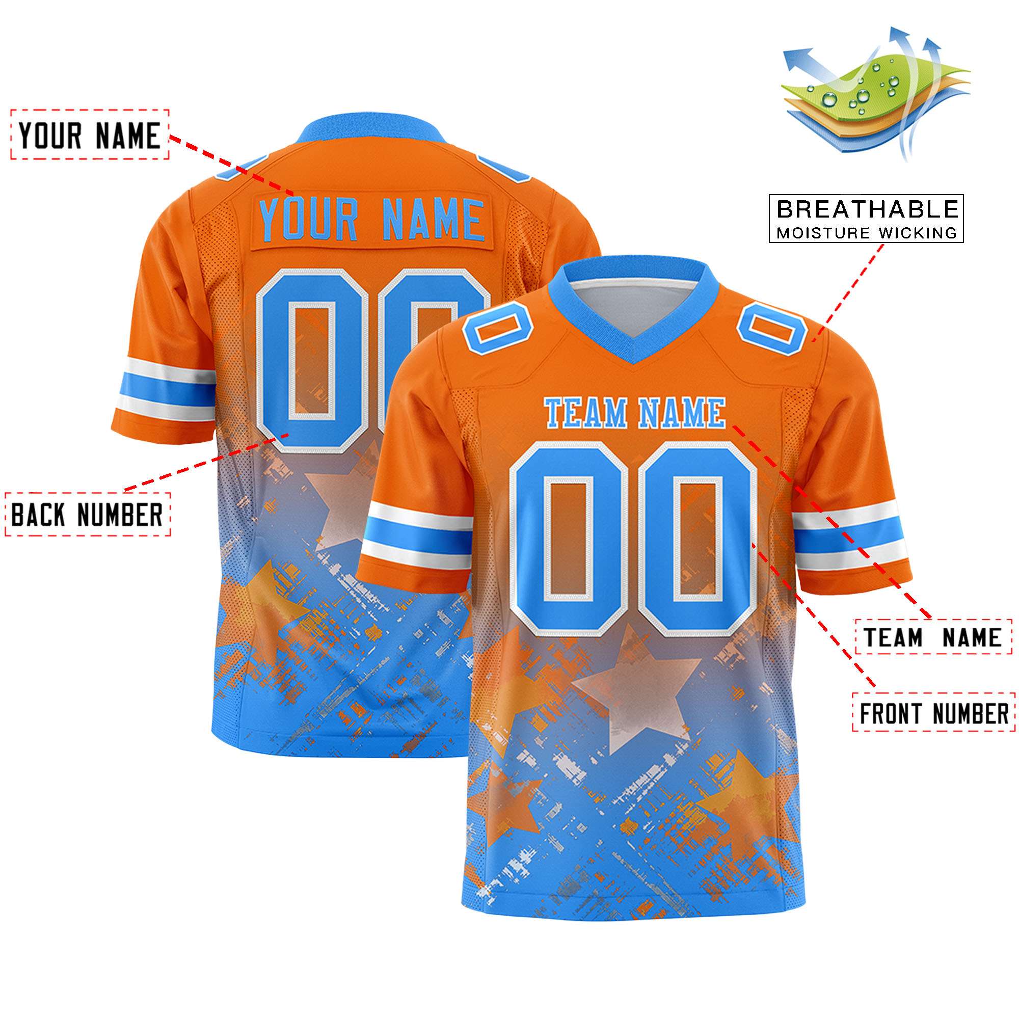 Custom Orange Light Blue Personalized Star Gradient Authentic Football Jersey
