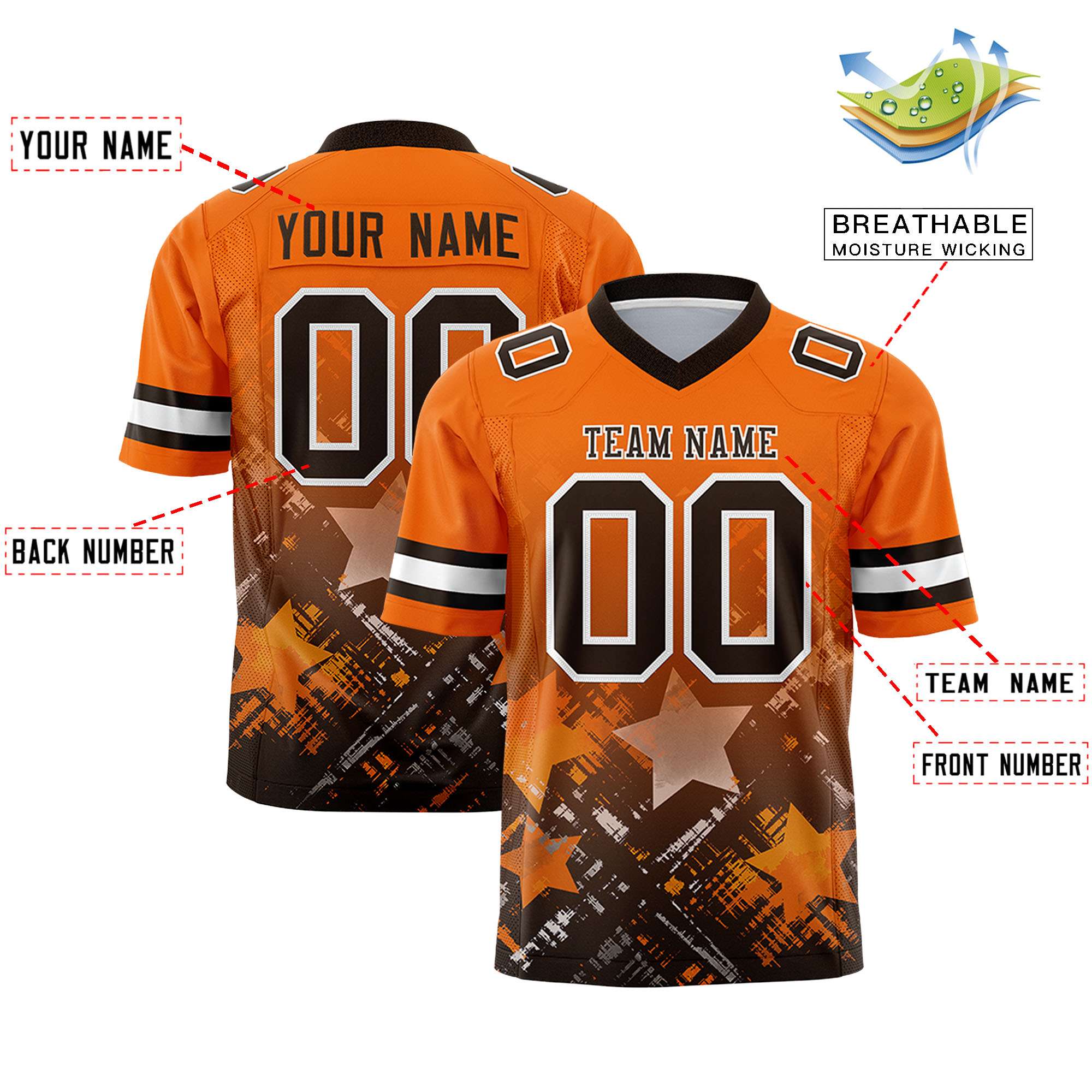 Custom Orange Brown Personalized Star Gradient Authentic Football Jersey