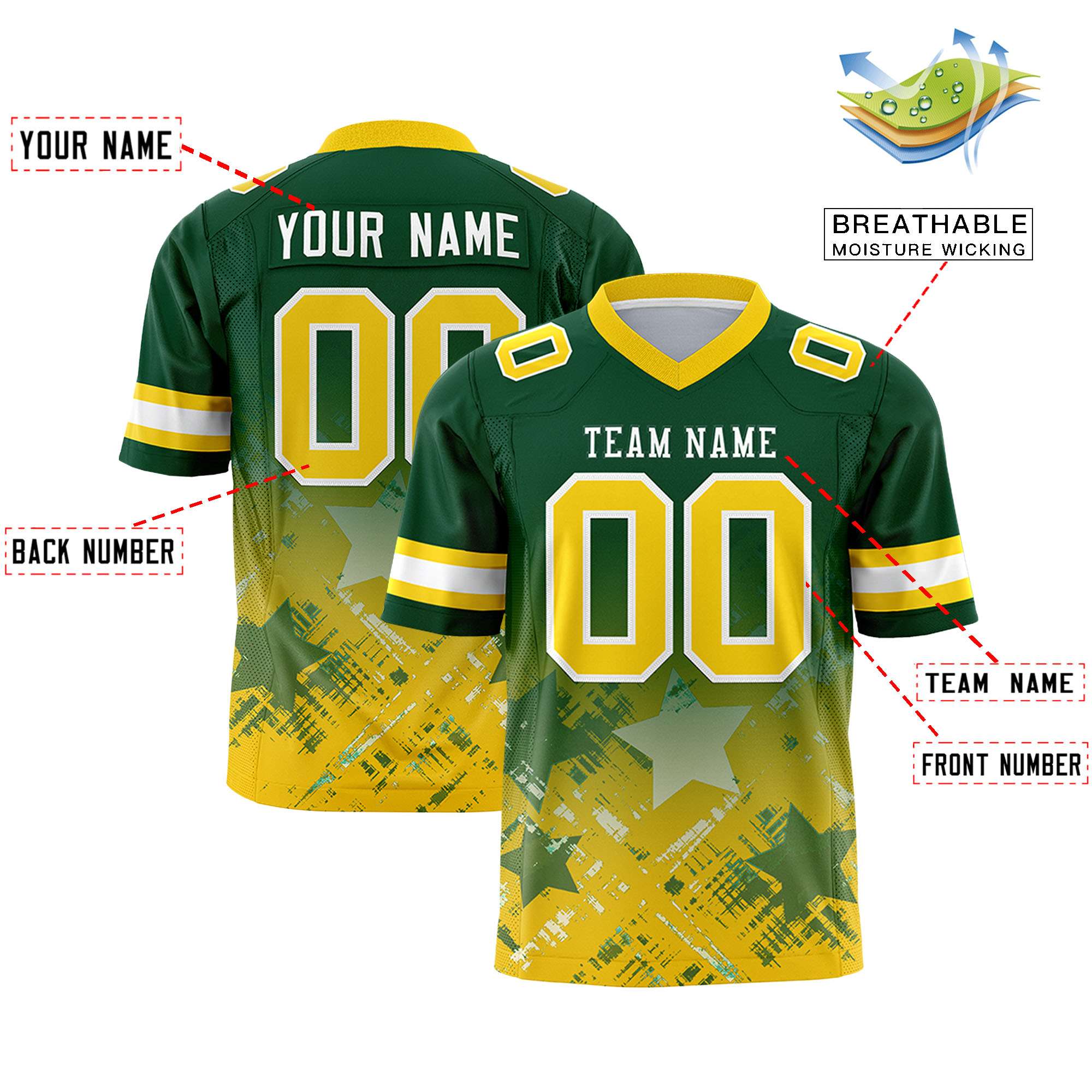 Custom Green Gold Personalized Star Gradient Authentic Football Jersey