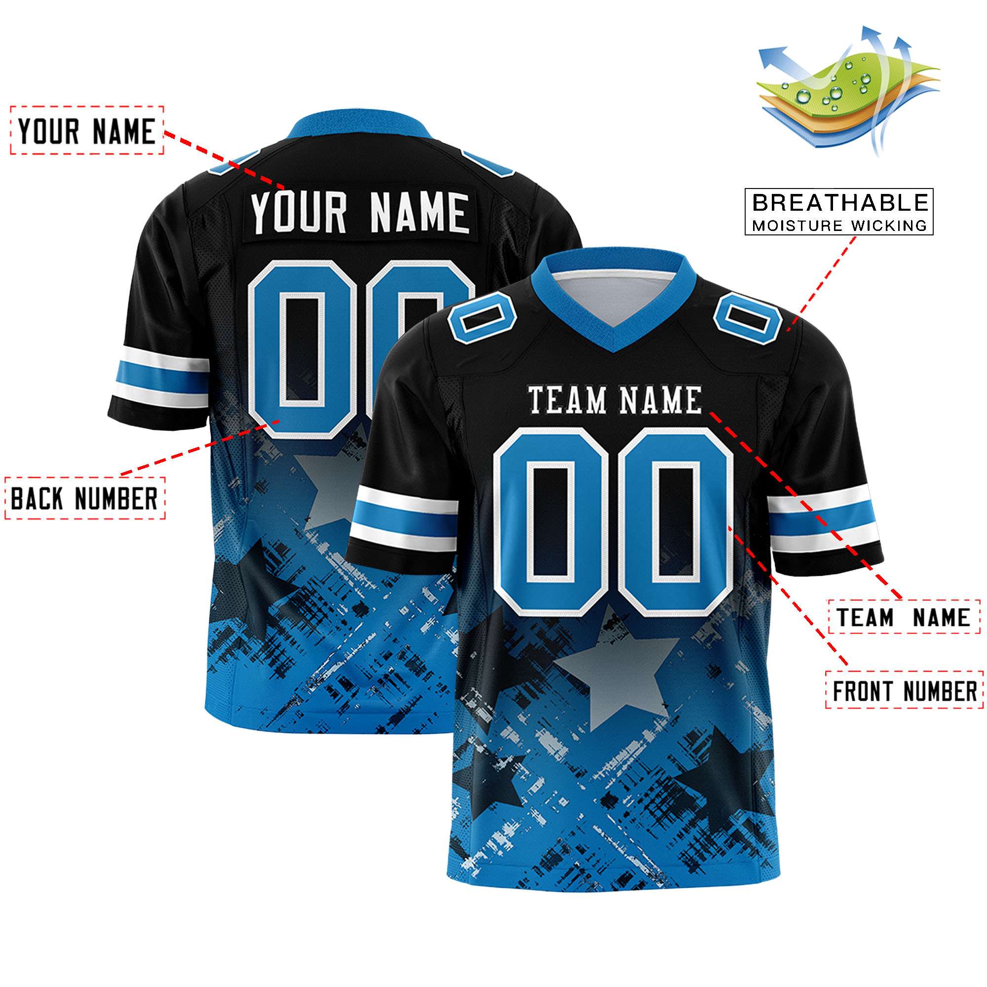 Custom Black Panther Blue Personalized Star Gradient Authentic Football Jersey