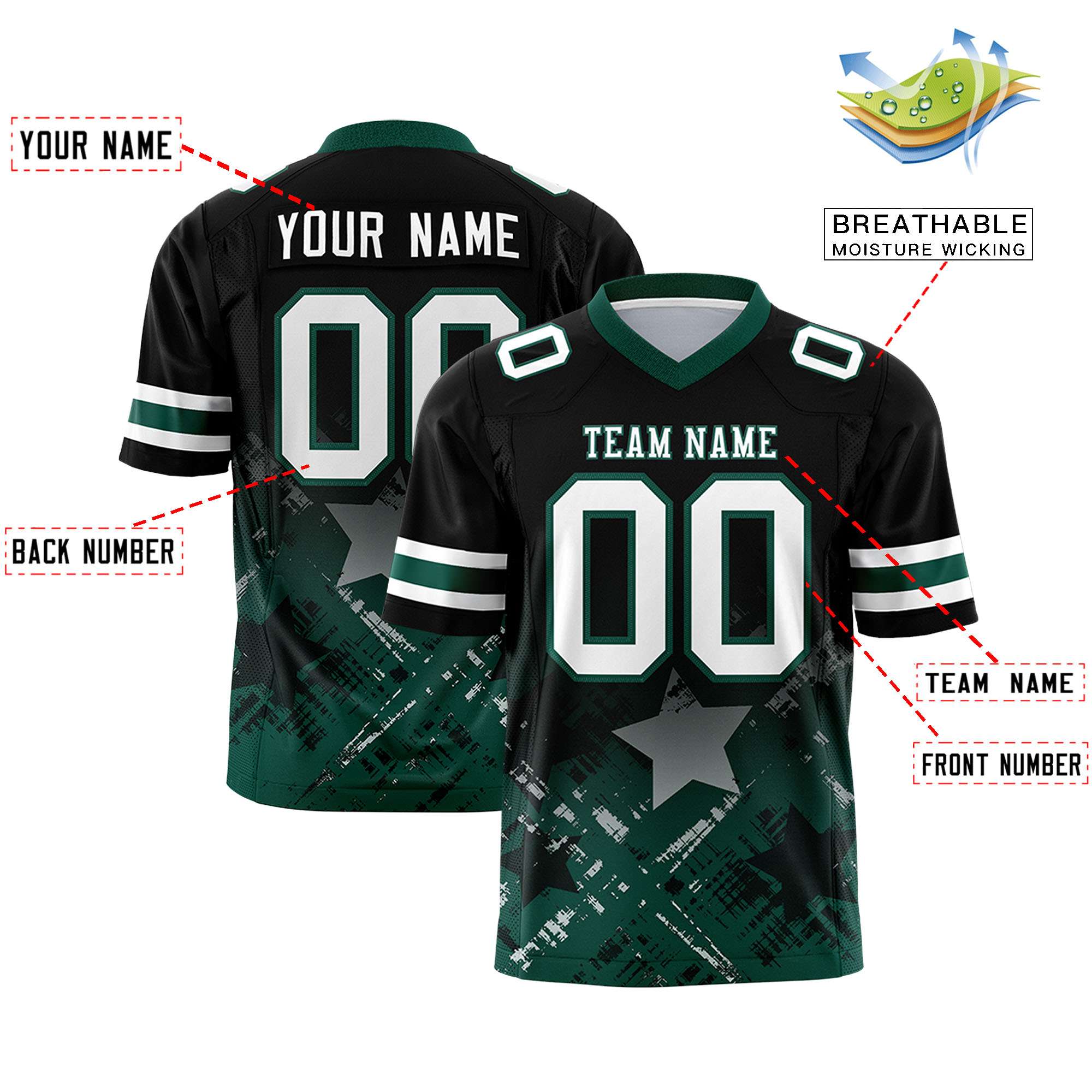 Custom Black Midnight Green Personalized Star Gradient Authentic Football Jersey