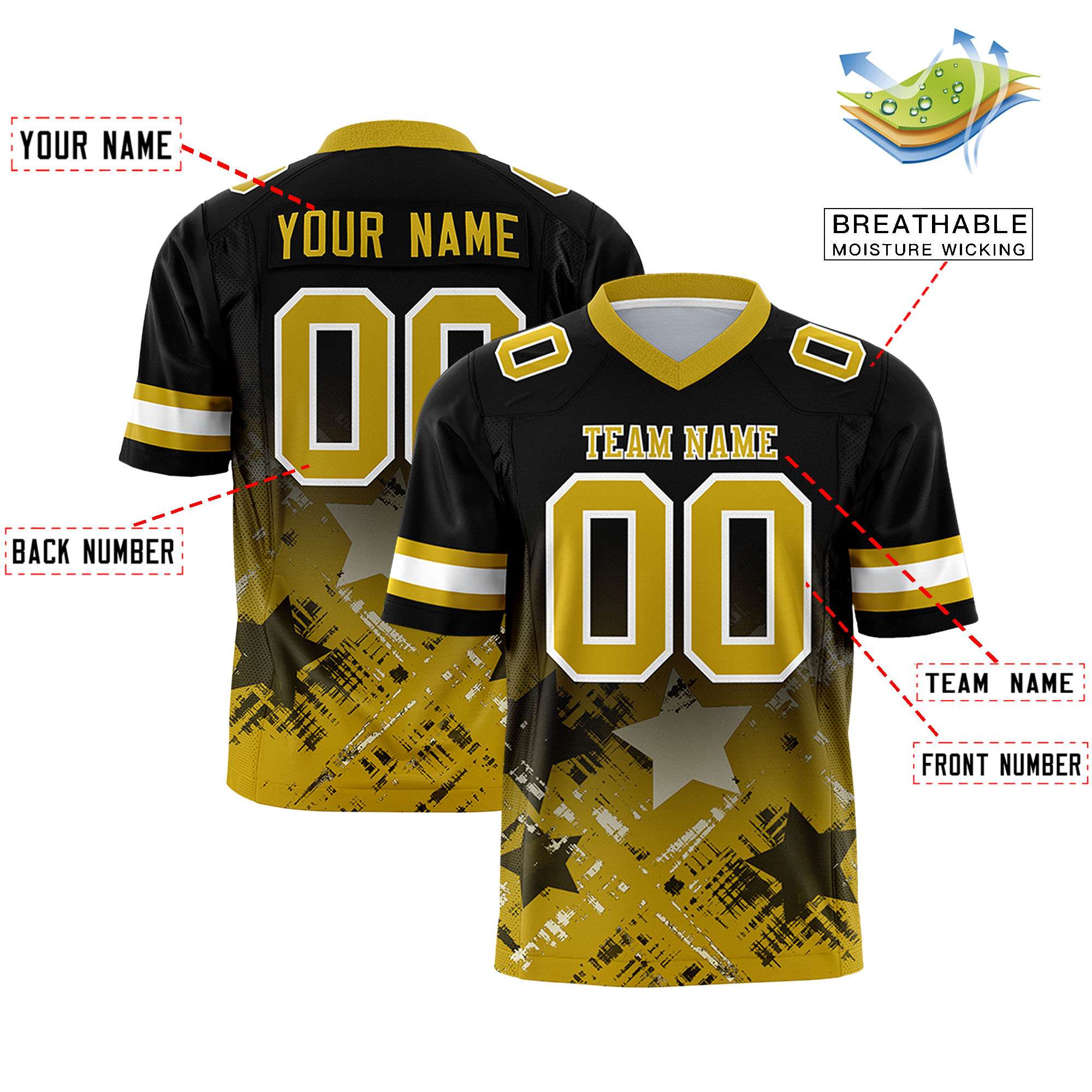 Custom Black Old Gold Personalized Star Gradient Authentic Football Jersey