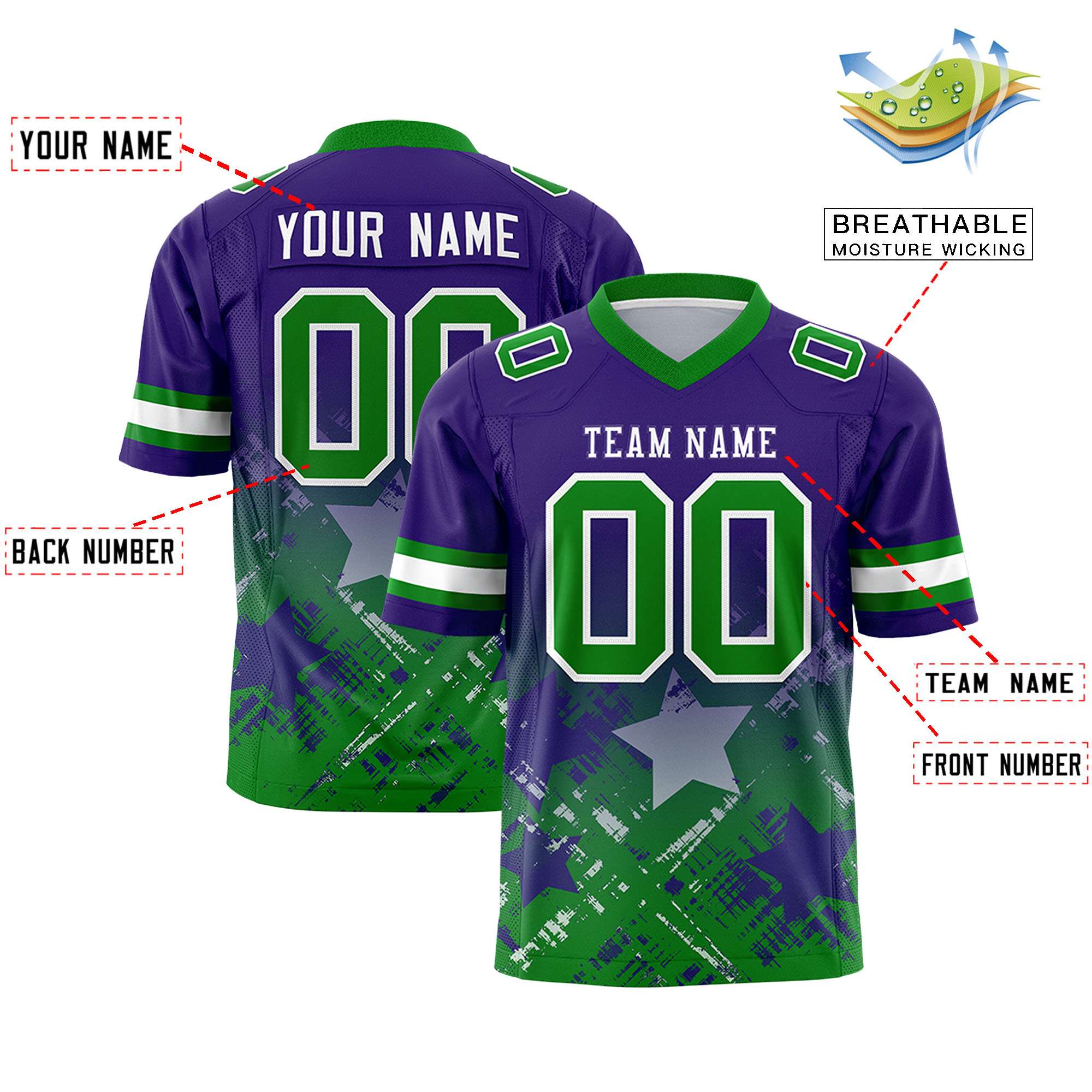 Custom Purple Kelly Green Personalized Star Gradient Authentic Football Jersey