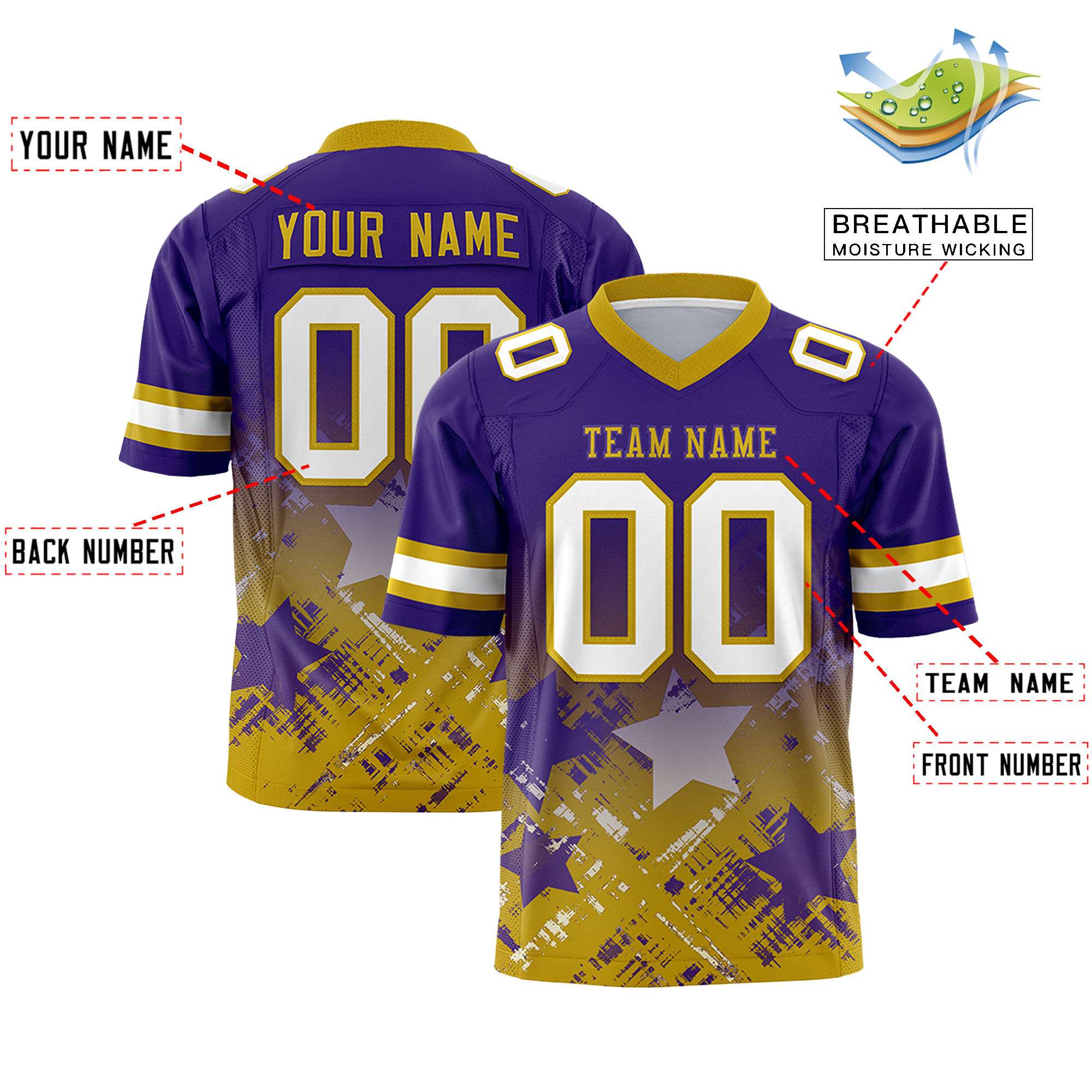 Custom Purple Old Gold Personalized Star Gradient Authentic Football Jersey