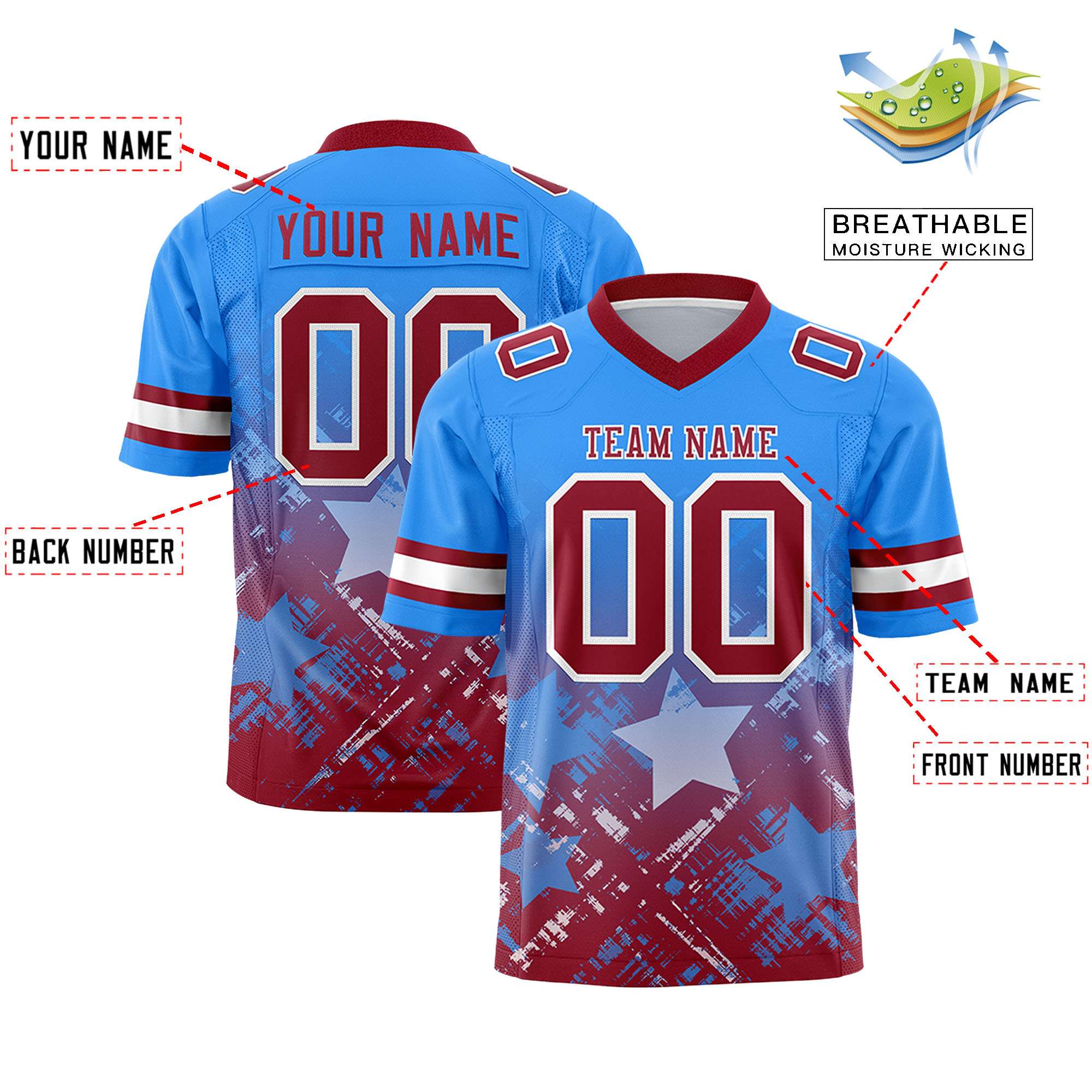 Custom Light Blue Cardinal Personalized Star Gradient Authentic Football Jersey