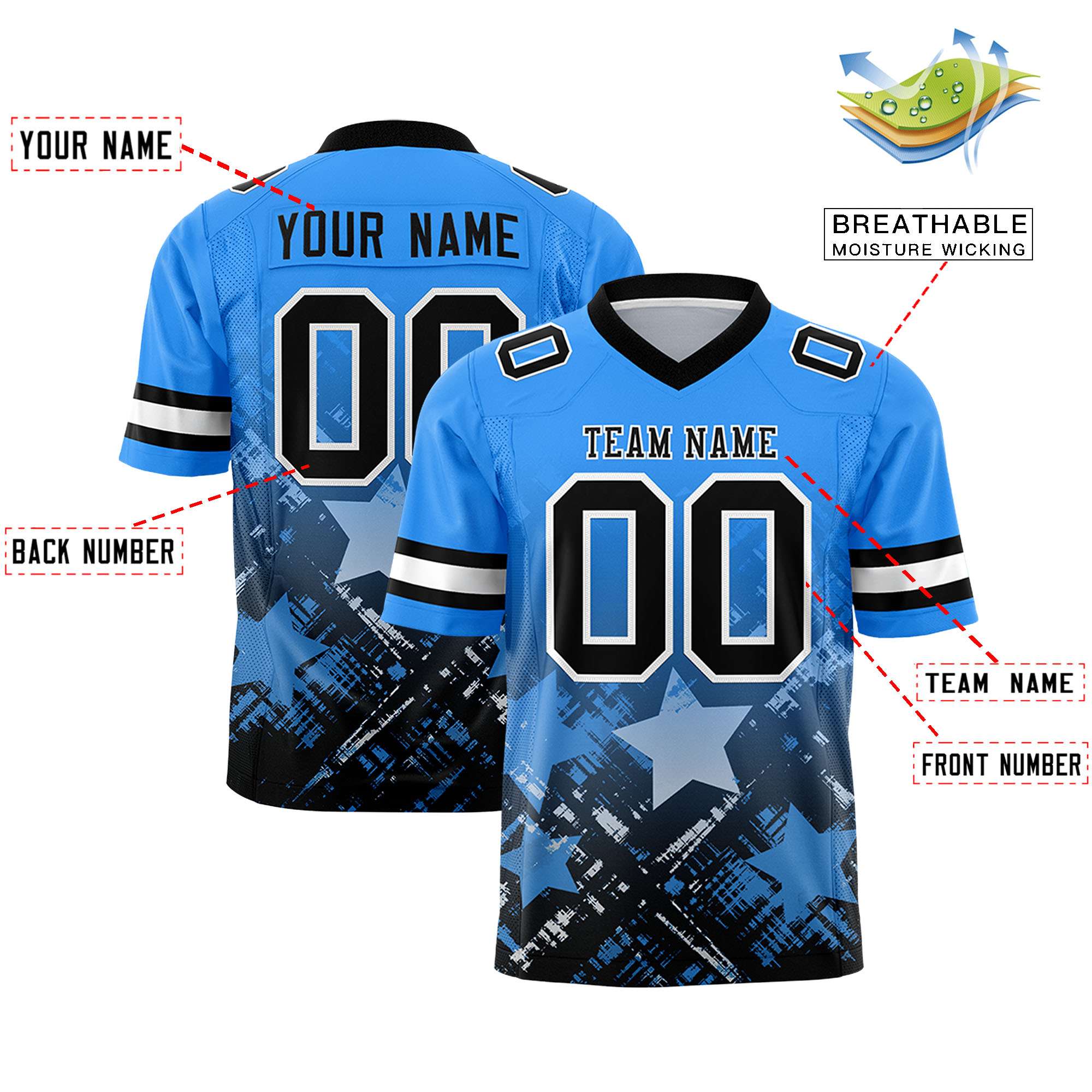 Custom Light Blue Black Personalized Star Gradient Authentic Football Jersey